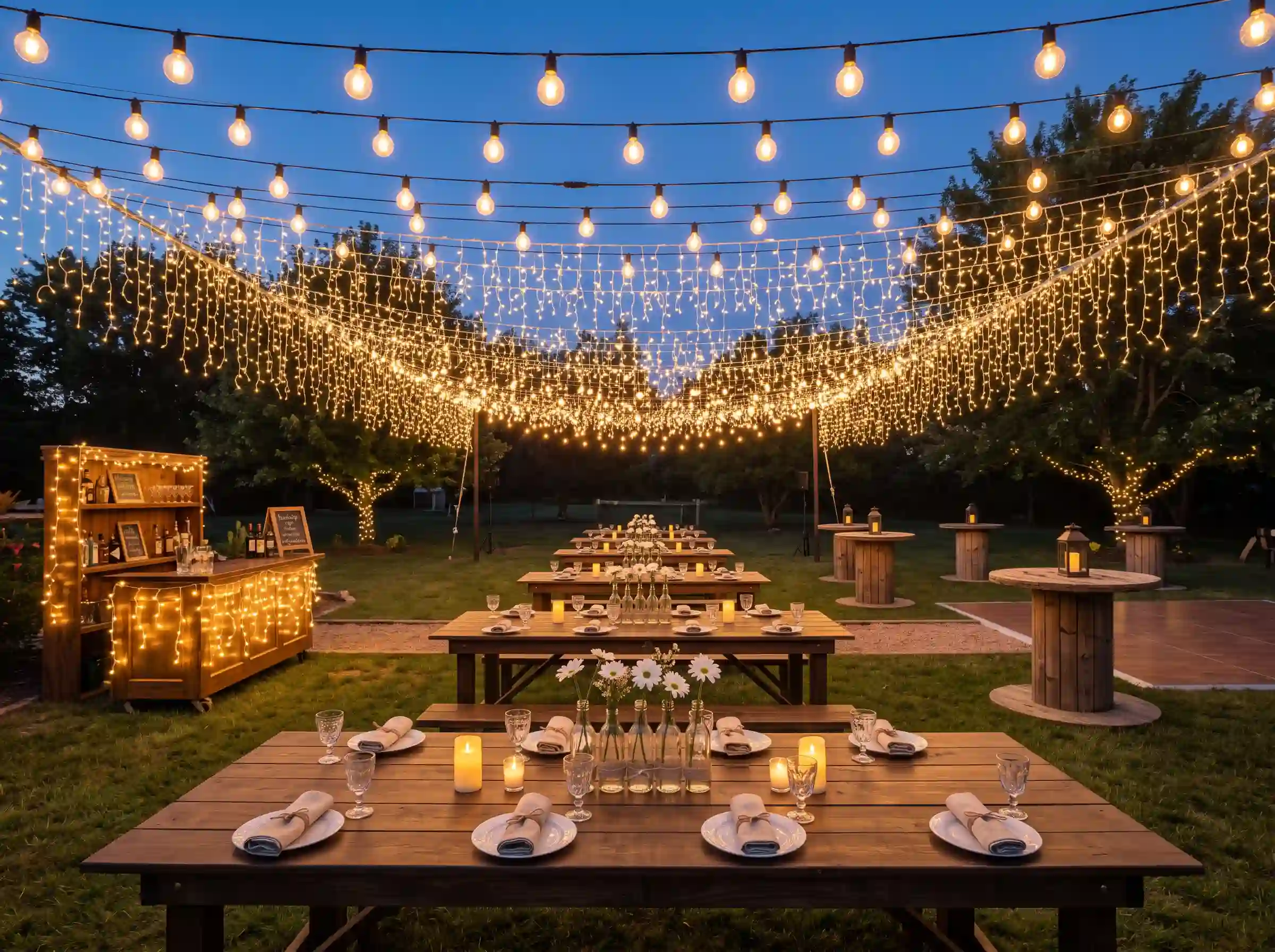 Outdoor evening reception under a cascading canopy of Edison string lights and micro fairy lights over farm tables