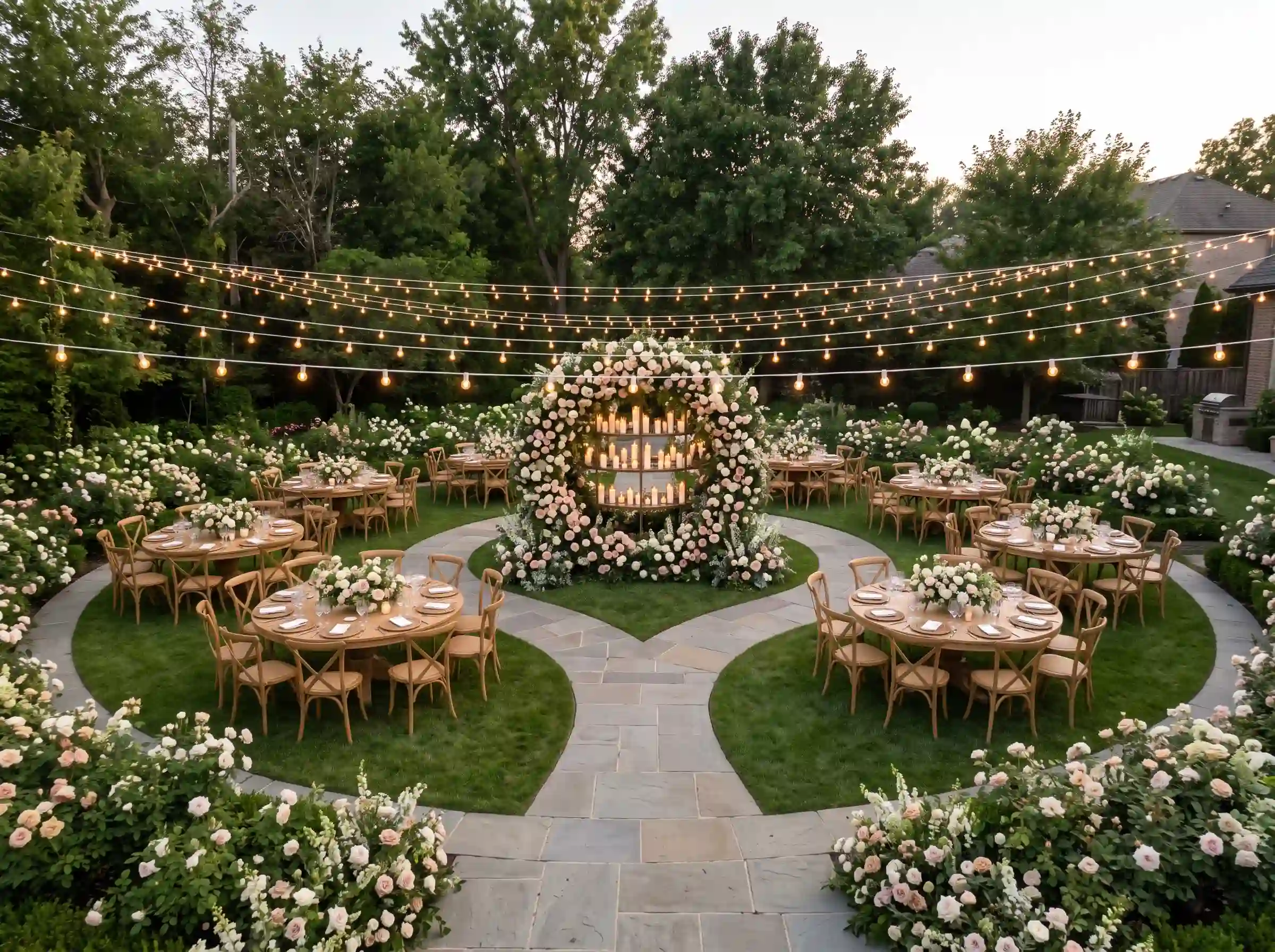 Circular dining layout around a central floral sculpture with blush roses and concentric string lights overhead