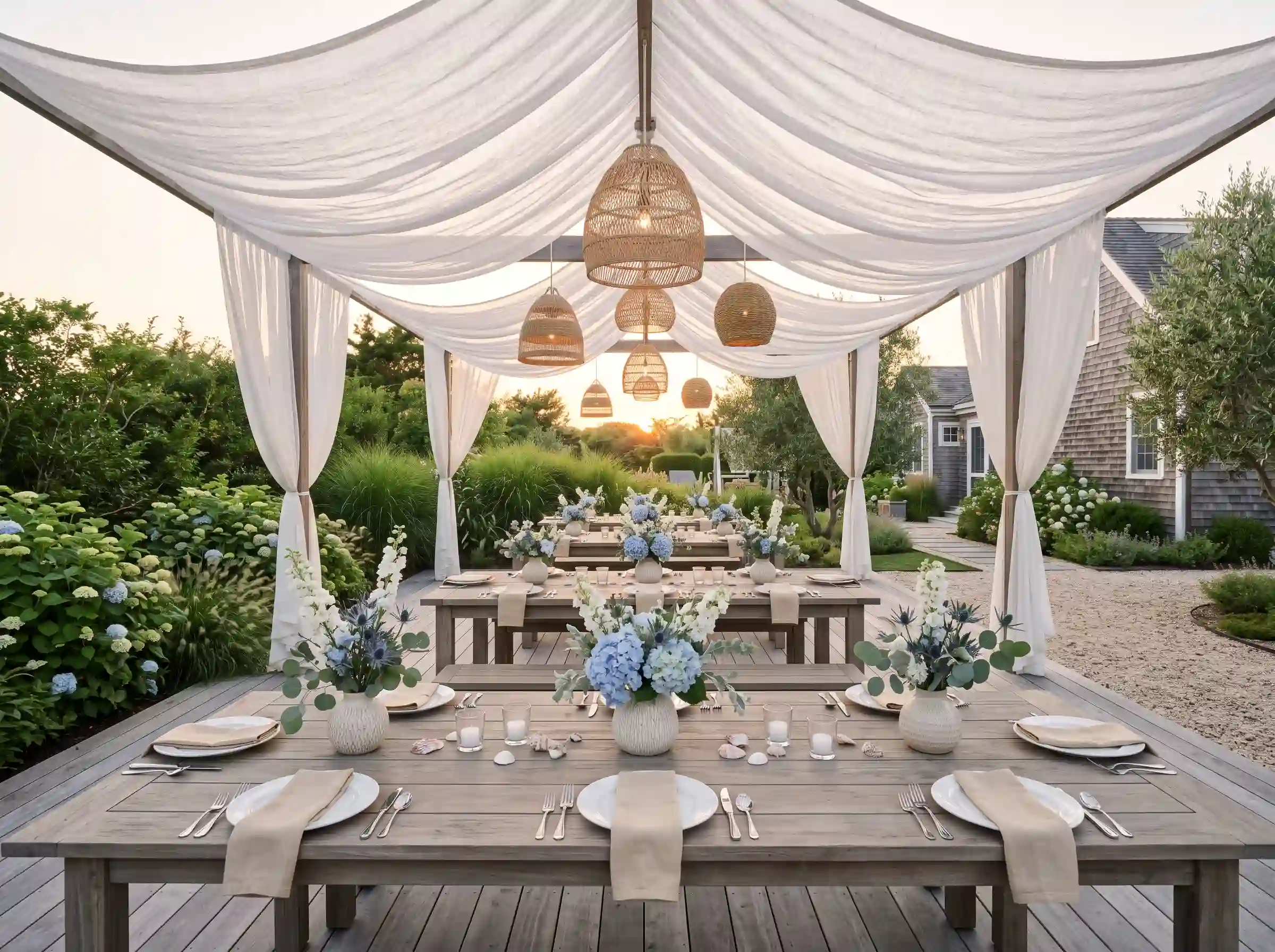 Coastal breeze backyard wedding escape with light blue linens and driftwood accents under a seaside sky