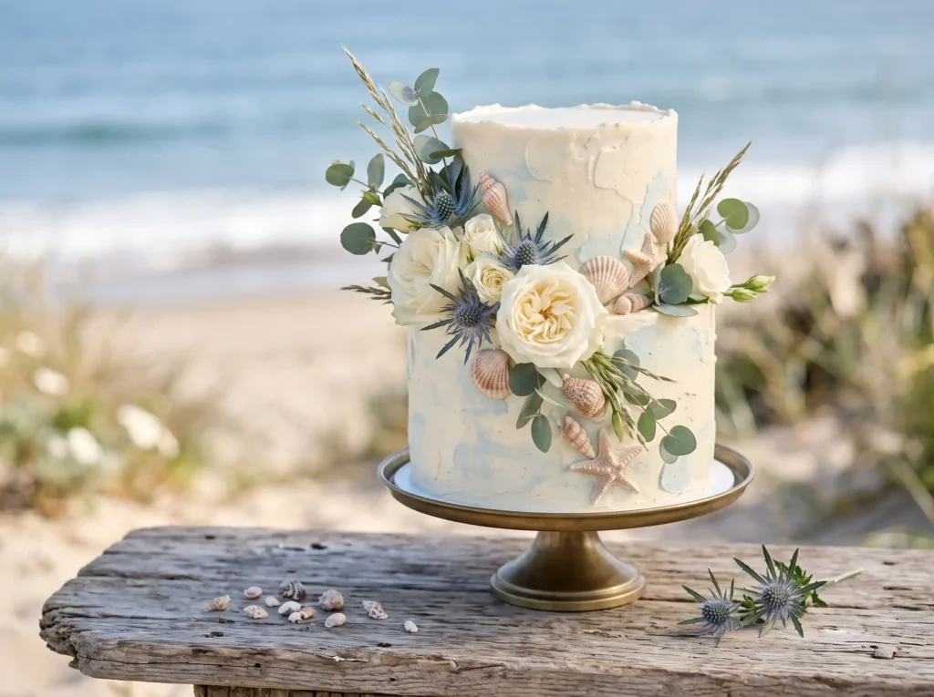 Coastal Breeze Cake Inspiration Gentle ocean col Coastal Breeze Cake with Seashells