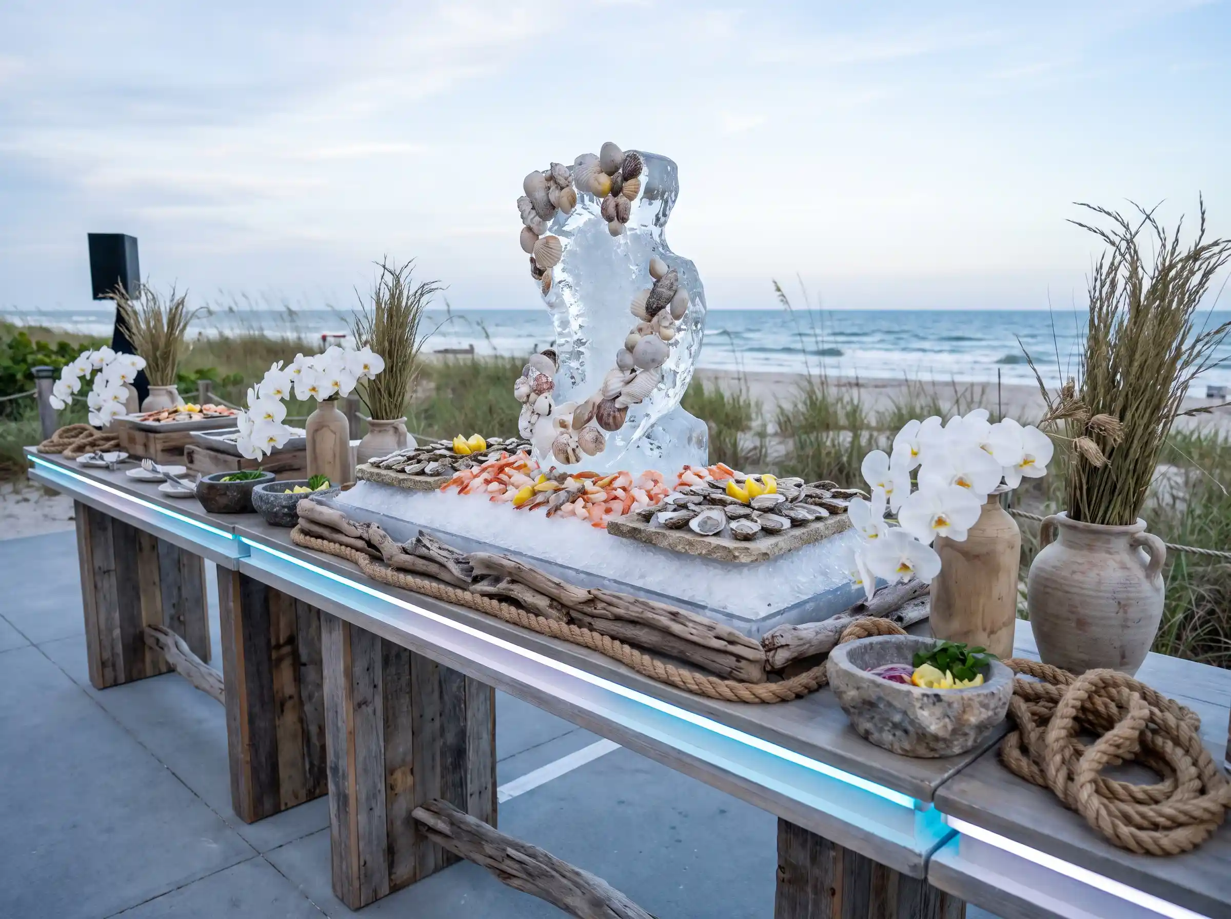 Coastal wedding seafood station with driftwood buffet oyster display and white orchid accents