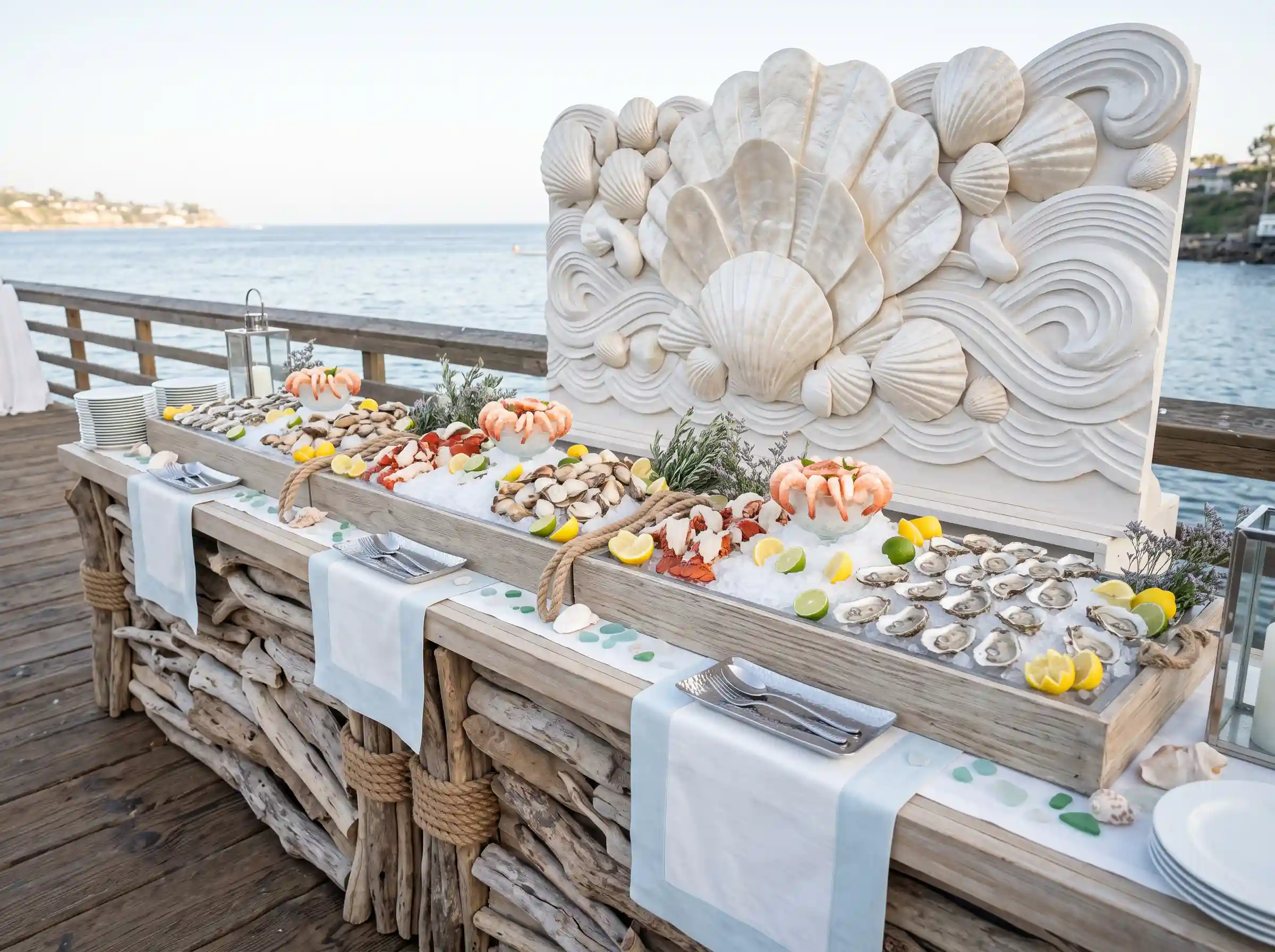 Coastal oyster and seafood wedding food display on driftwood pier bar with shell sculpture and fresh raw bar over ocean