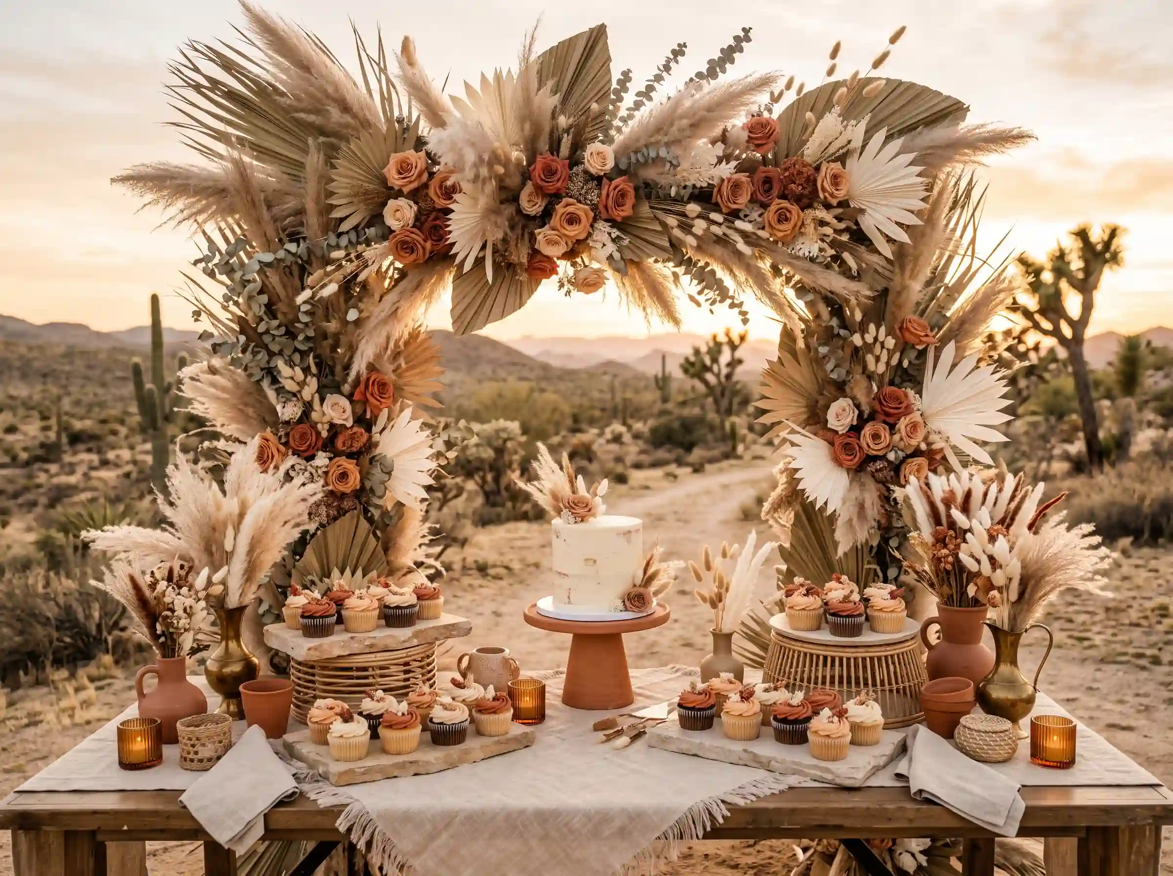 Bohemian desert sunset wedding dessert display with earthy toned small cake and cupcakes