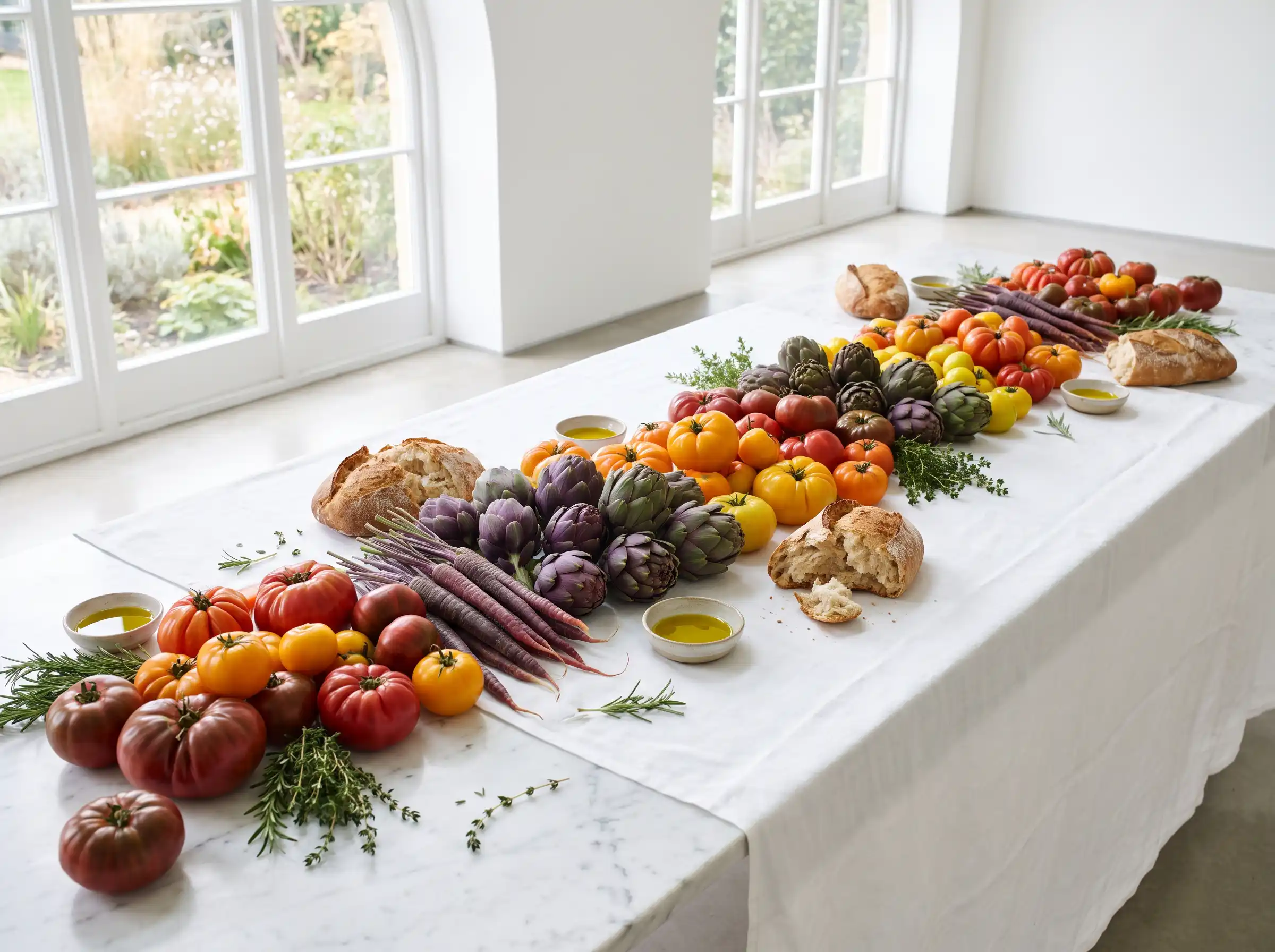 Long marble table with heirloom tomatoes purple carrots baby artichokes arranged in color gradient clusters with olive oil