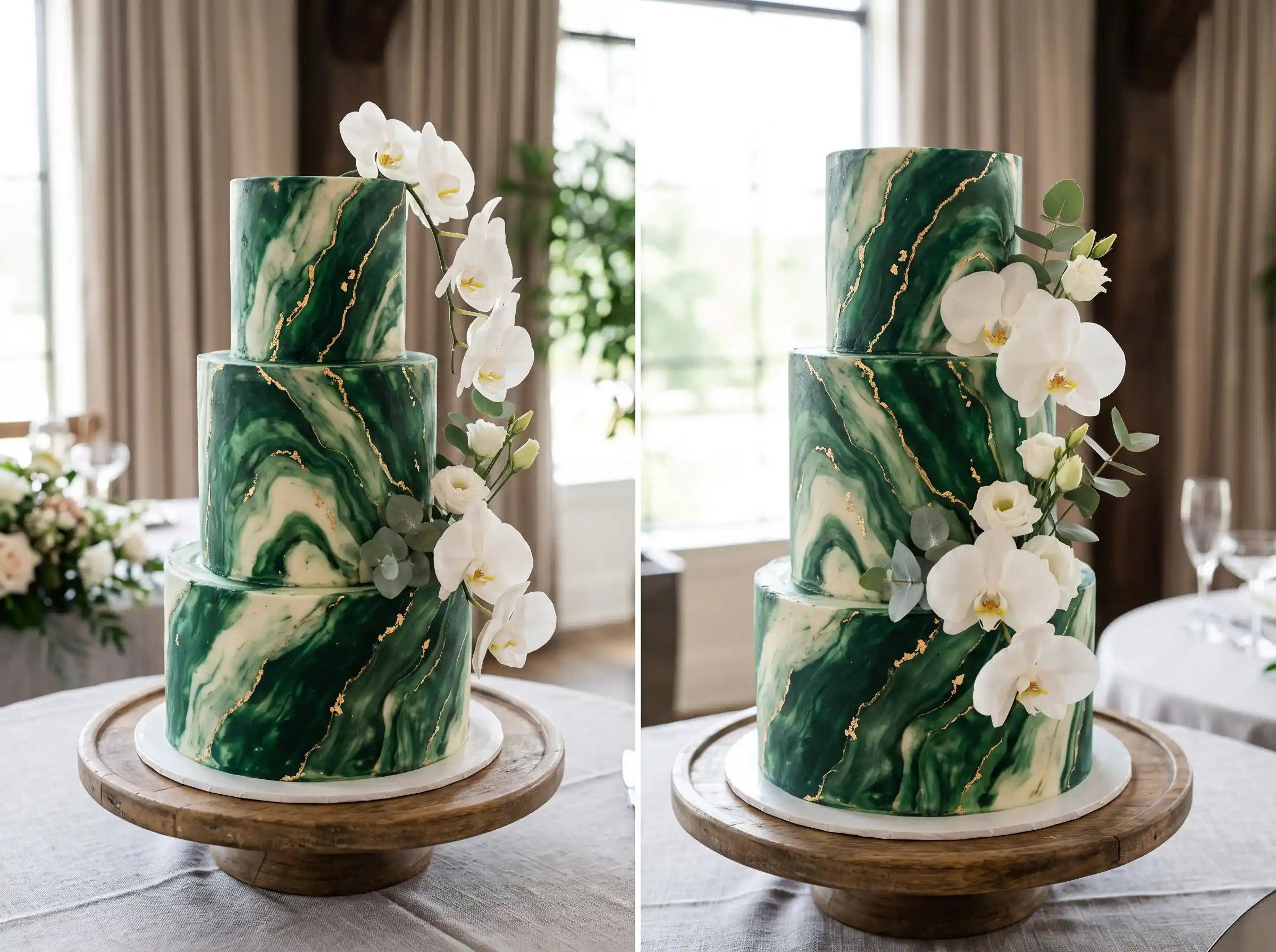 Luxurious emerald green marble-effect wedding cake with rich gemstone-inspired buttercream swirls