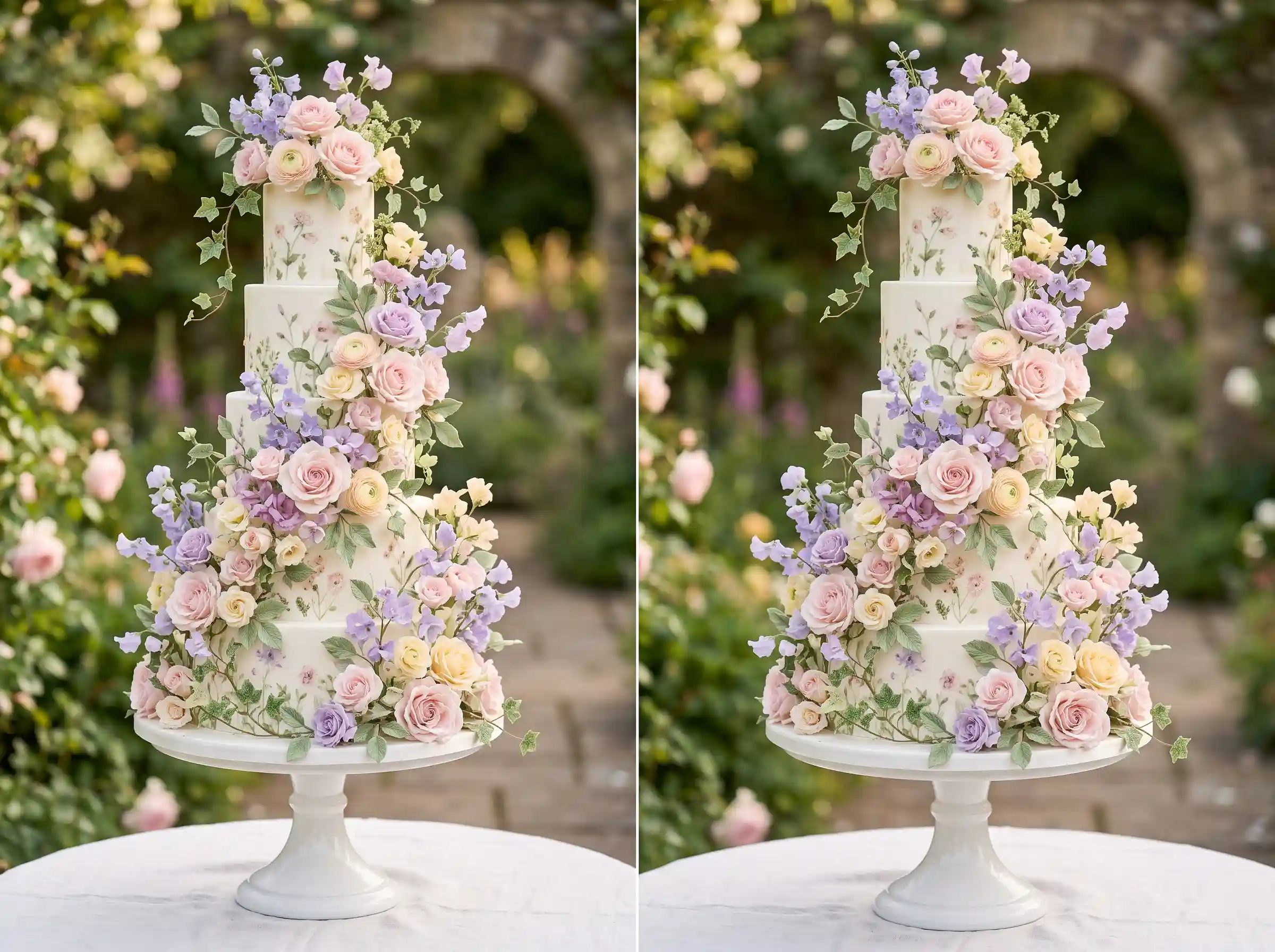 Towering romantic wedding cake overflowing with lush sugar flowers in an English garden bloom style