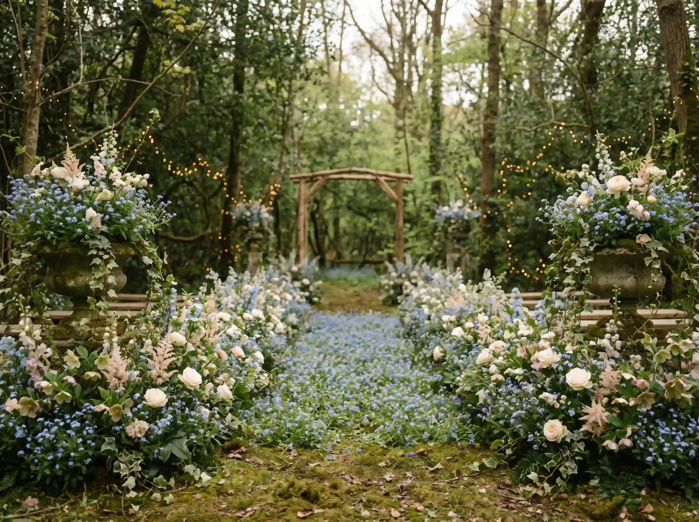 Thousands of powder blue forget-me-nots creating a storybook secret garden wedding with fairy lights and trailing ivy