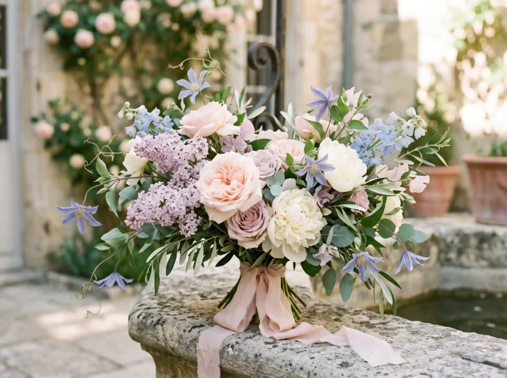 French Garden Romance Inspiration Elegant Parisi Floral arrangement with garden r…
