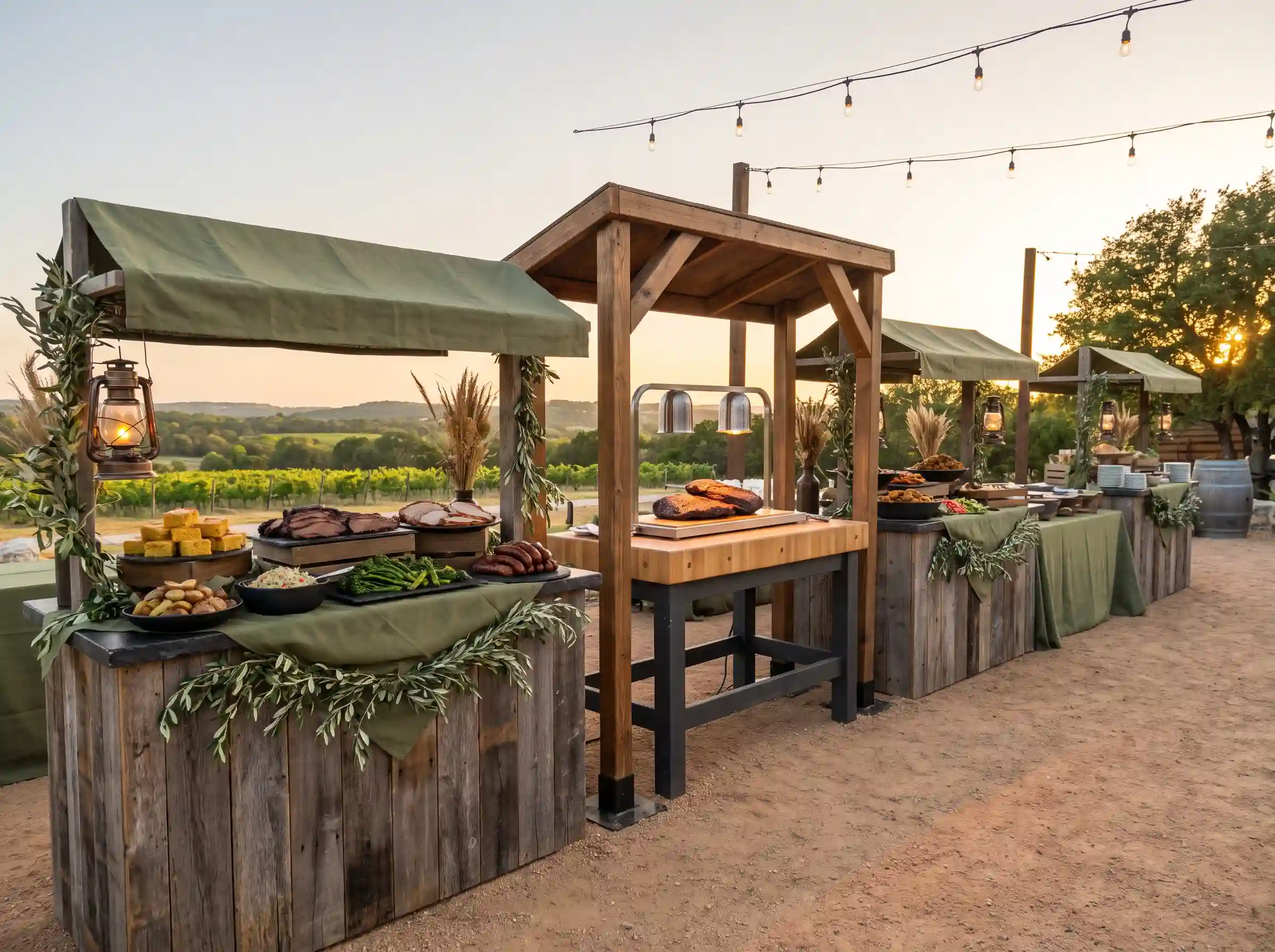 Hill country smokehouse market wedding buffet with slate platters and timber carving station canopy