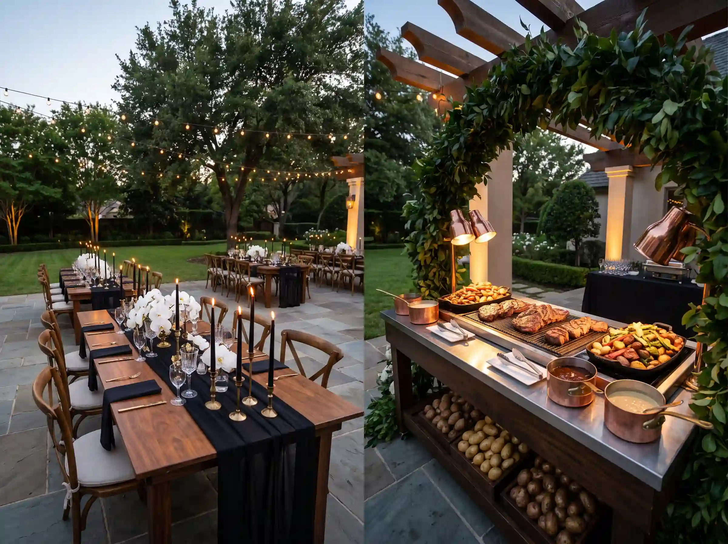 Luxury backyard steakhouse wedding reception with chef-led carving station and crystal glassware