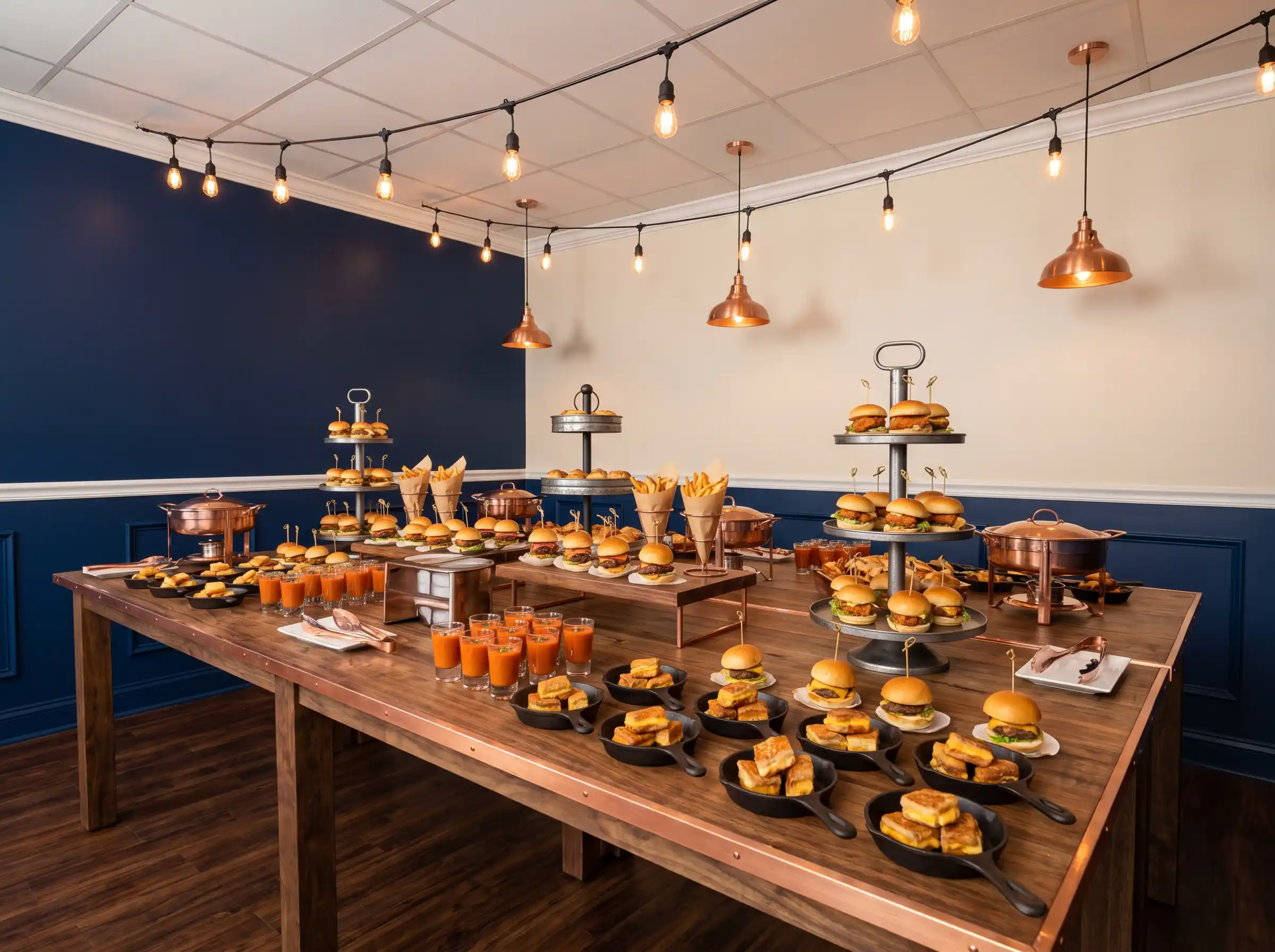Mini comfort food wedding bistro with sliders soup shooters cast-iron skillets and Edison lighting