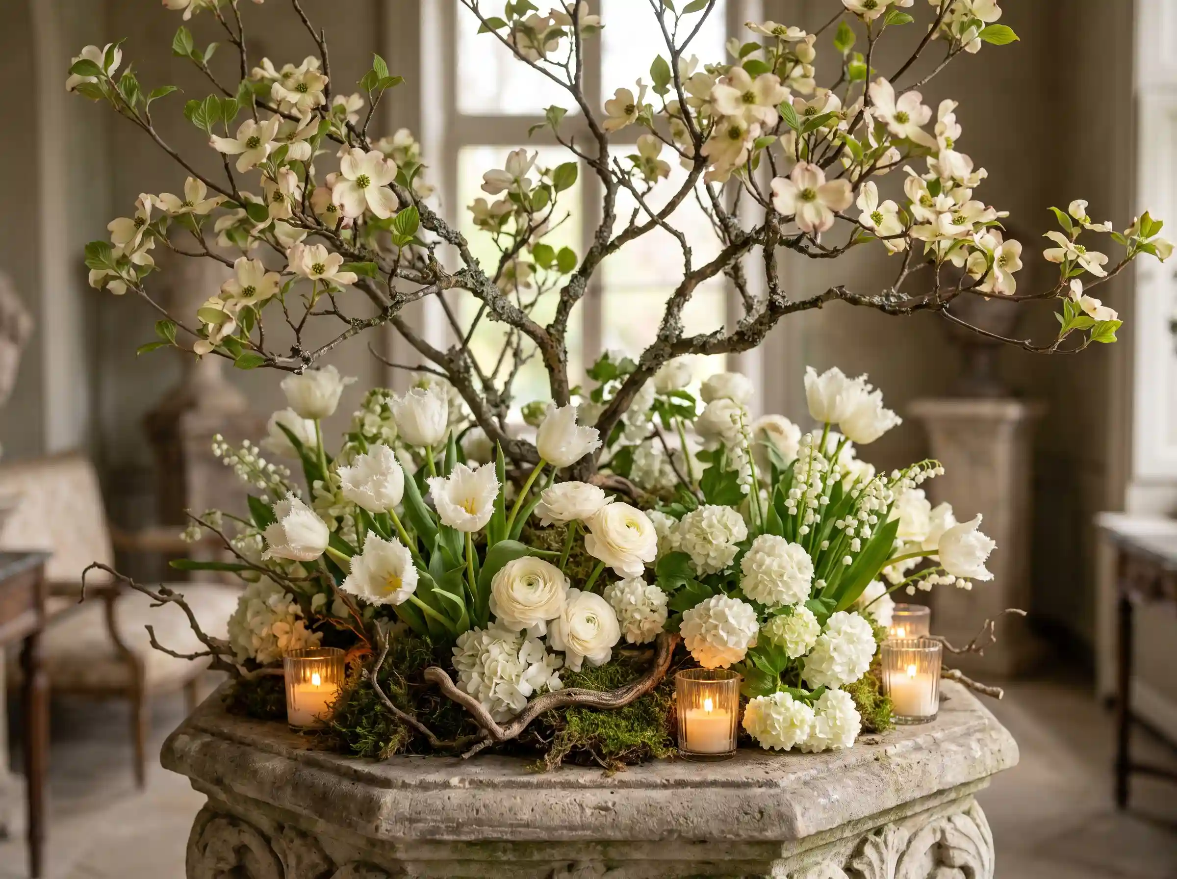 Orchard blossom symphony wedding centerpiece with dogwood branches white tulips and candlelit ambience