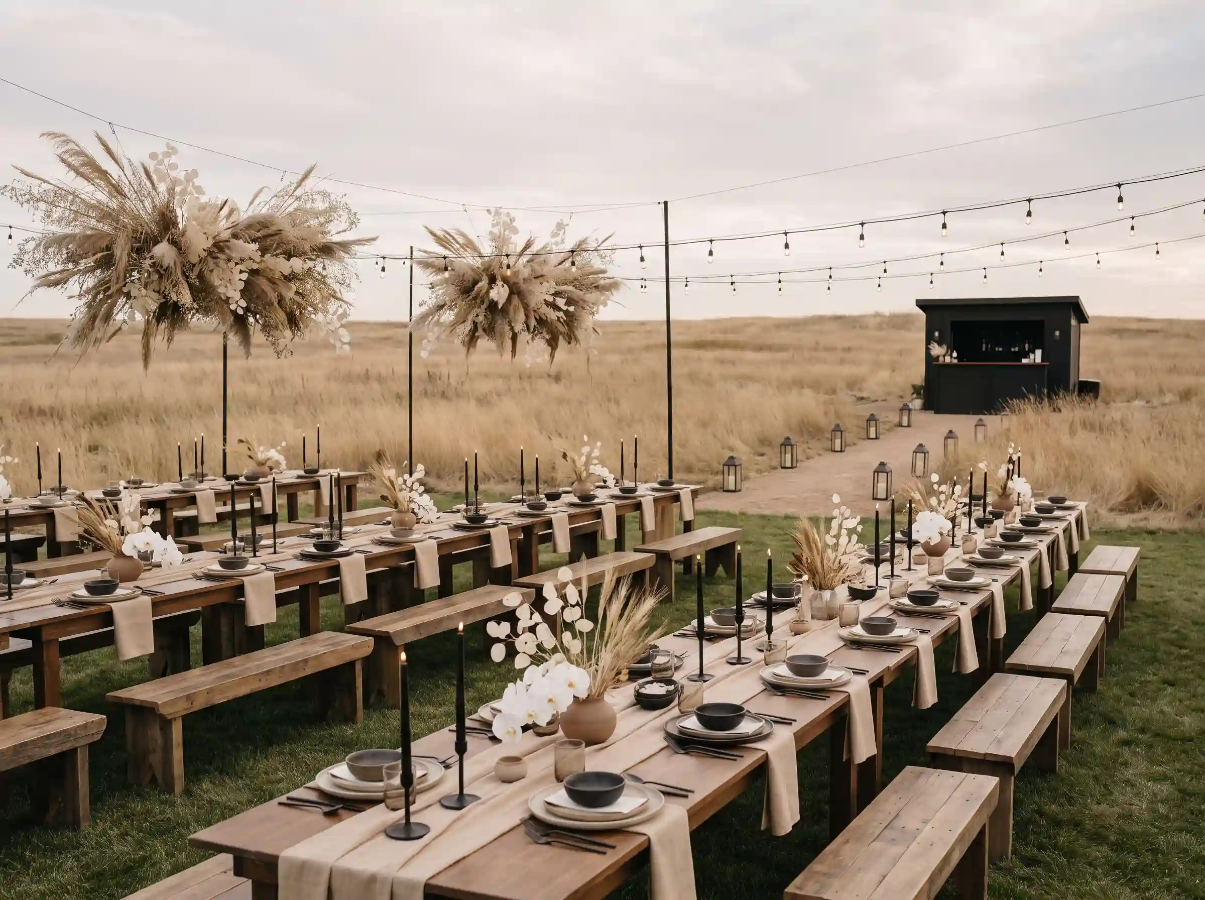 Minimalist prairie reception with dried grasses, black taper candles, stoneware, and bleached botanicals