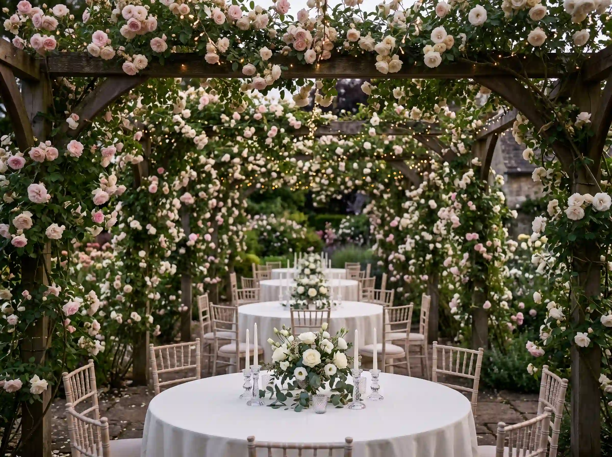 Romantic rose arbor courtyard with cascading climbing roses and crystal candleholders on reception tables