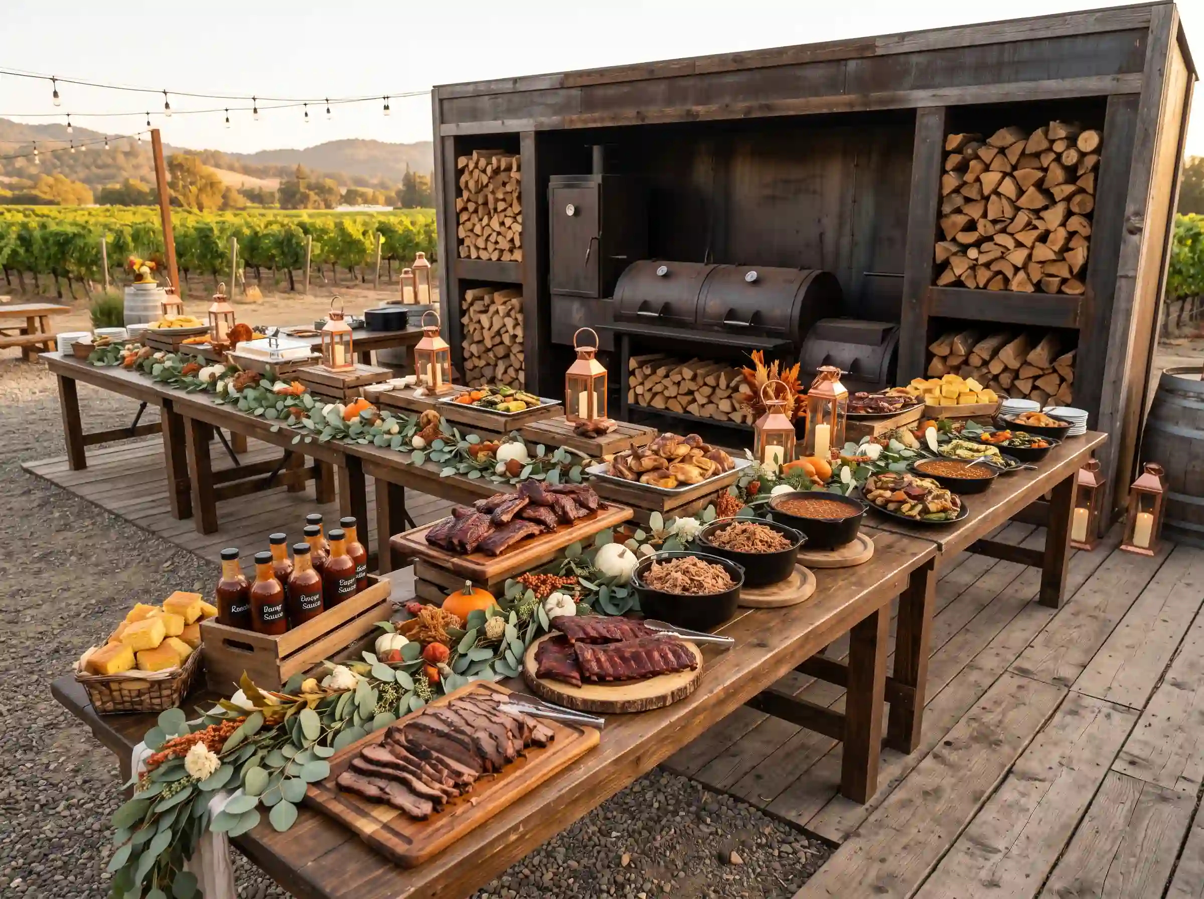 Southern BBQ smokehouse wedding buffet with smoked brisket ribs and eucalyptus garlands at vineyard reception