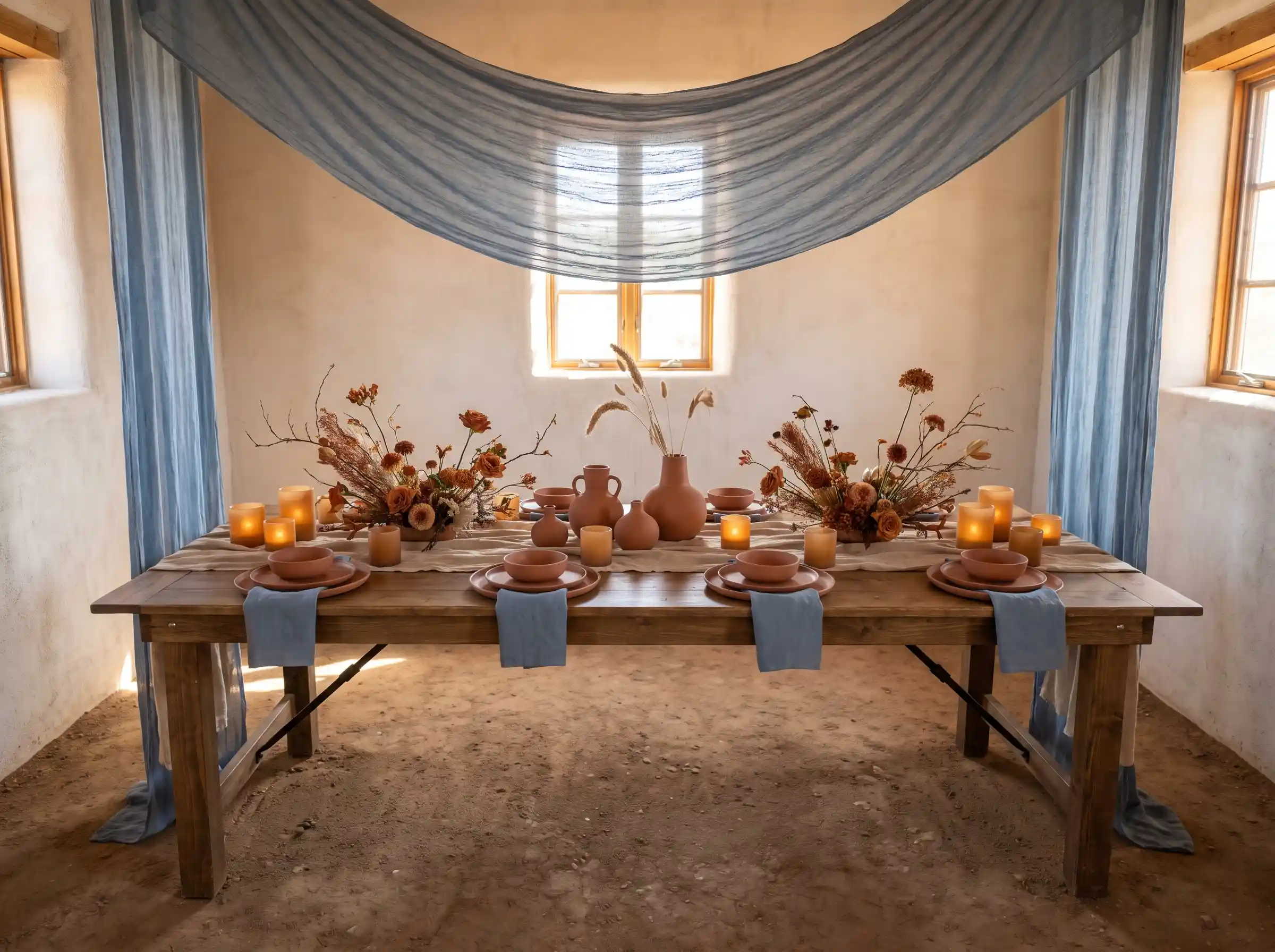 Desert inspired wedding table with terracotta ceramics dried grasses and warm earth tone palette