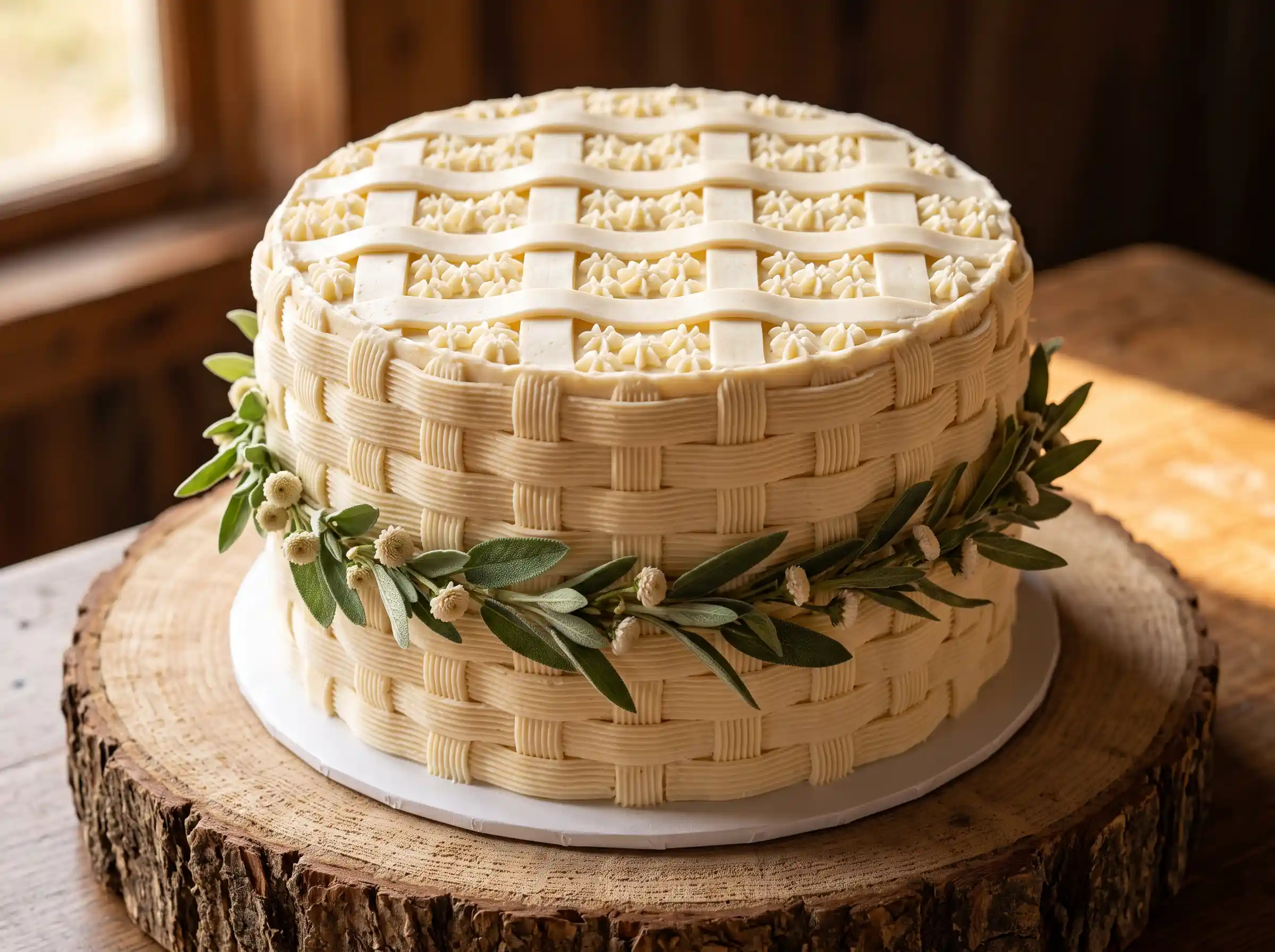 Single tier warm cream basketweave piped buttercream wedding cake with sage and ivory flower garland