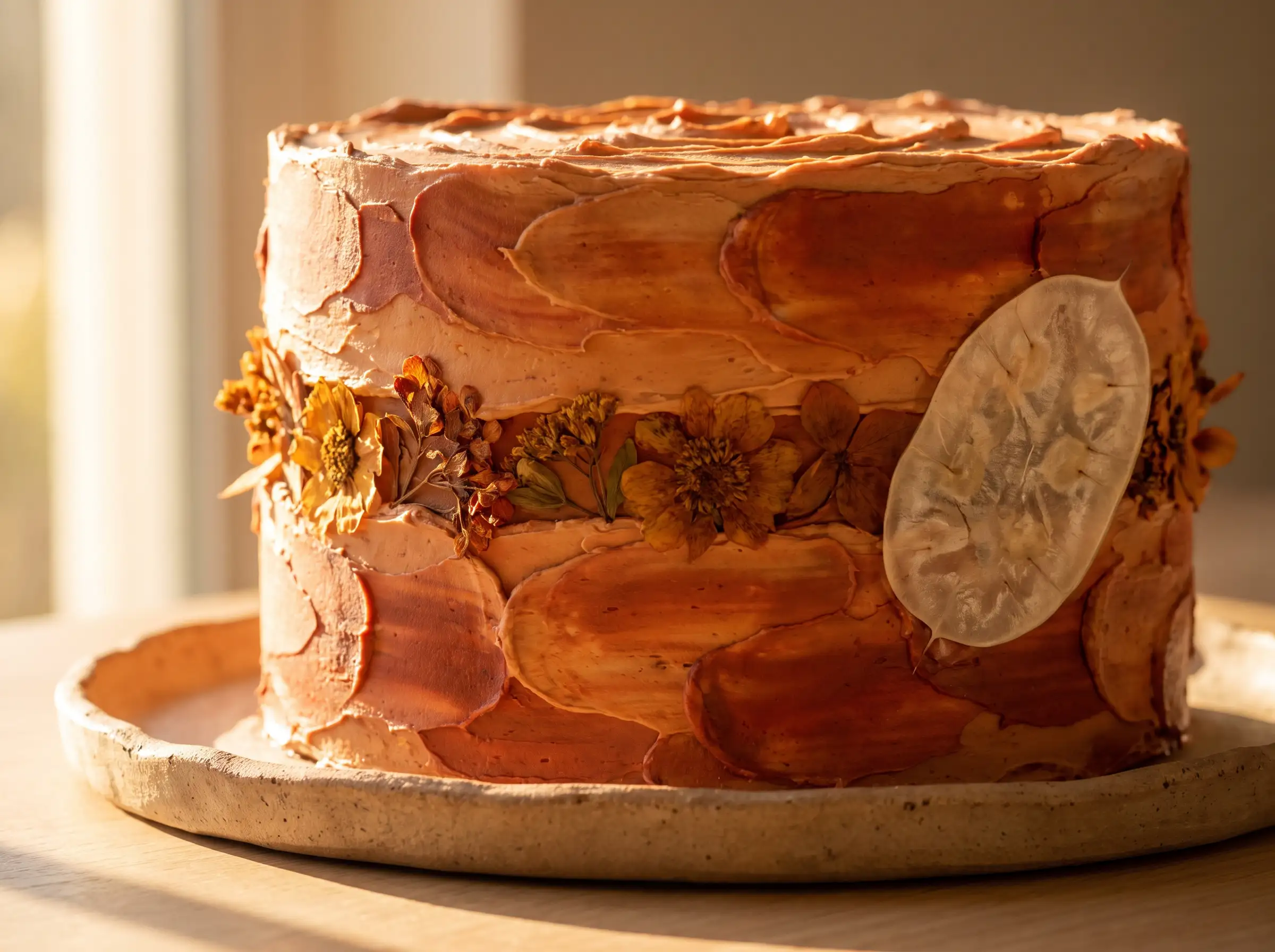 Single-tier terracotta buttercream cake with palette-knife texture, pressed dried flowers, and lunaria