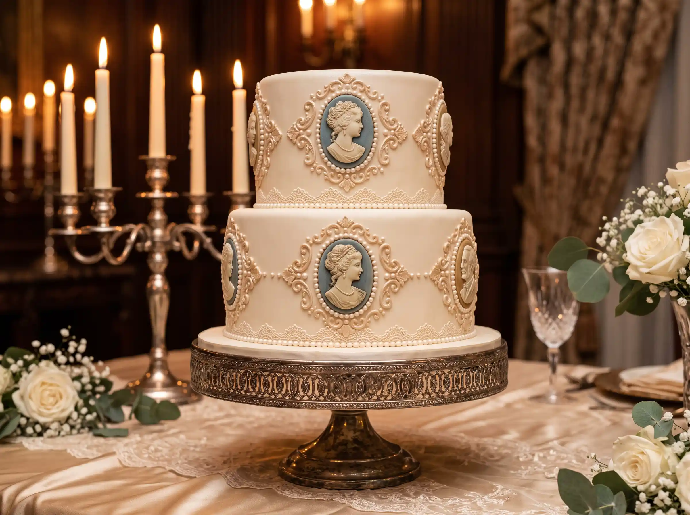 Vintage-inspired two-tier wedding cake with pearl borders and elegant cameo medallion details