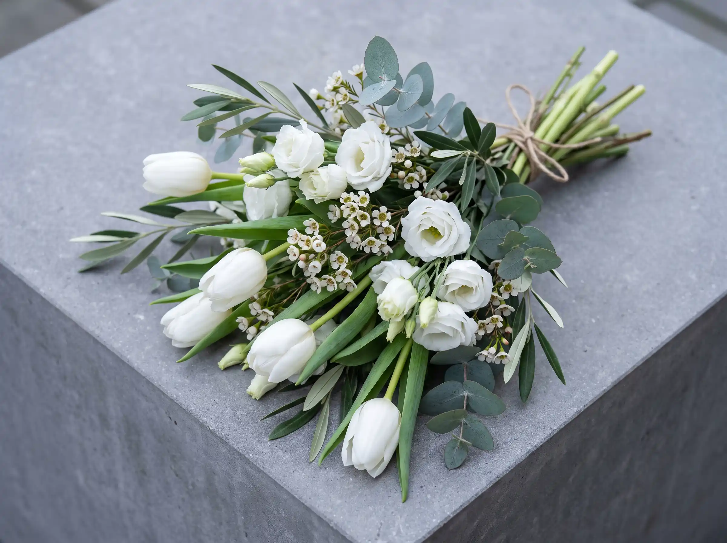 Minimalist white tulip hand-tied bouquet with eucalyptus for modern winter wedding