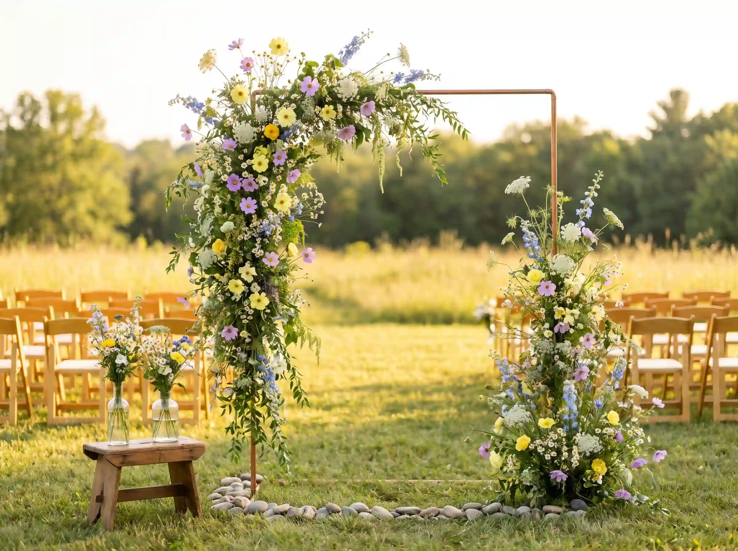 Copper pipe ceremony arch covered with abundant wildflowers cosmos chamomile and larkspur in chicken wire mesh