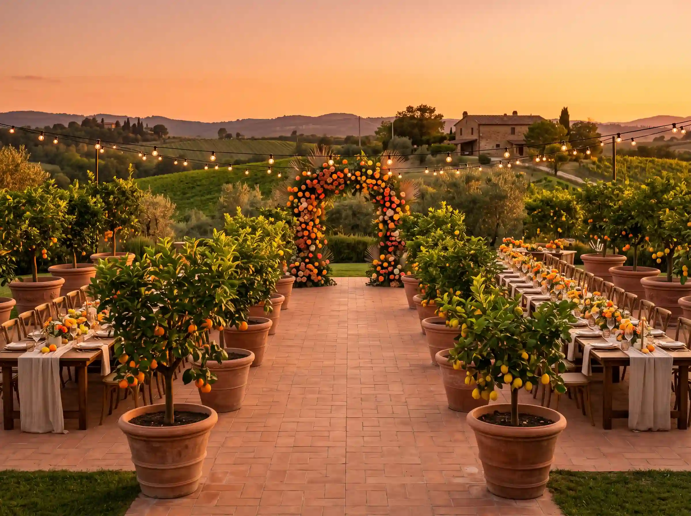 Italian-style sunset wedding with citrus tree-lined terracotta terrace and colorful floral arch