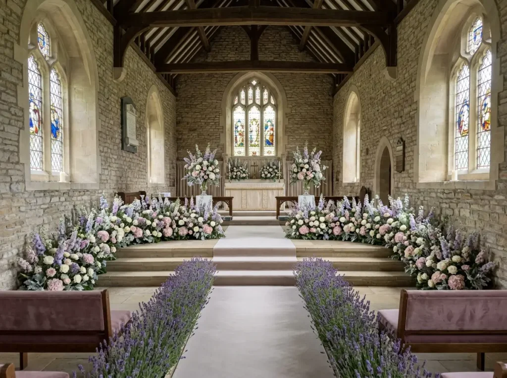 Designed Lavender florals frame church altar