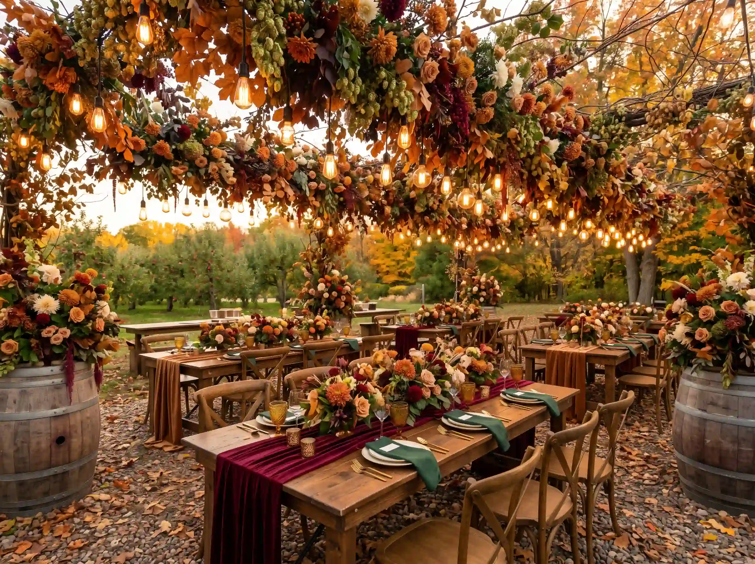 Autumn orchard harvest wedding celebration with rich fall foliage and seasonal fruit displays on rustic tables