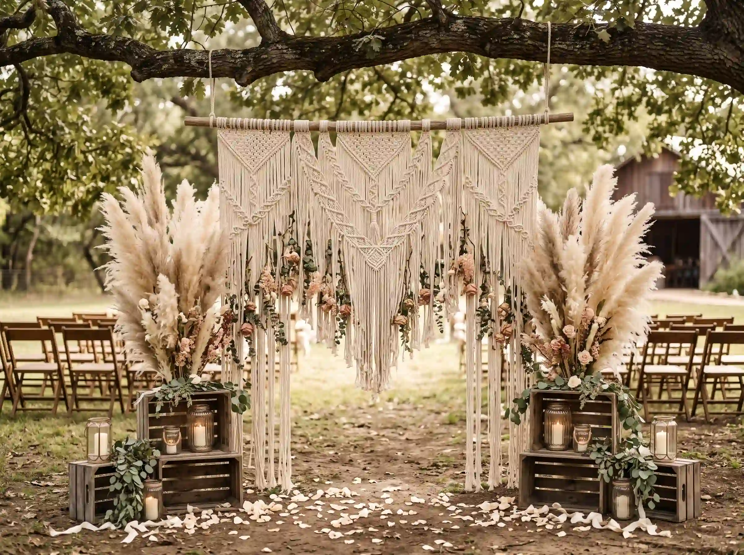 Large scale macramé wall hanging ceremony backdrop framed by oversized dried pampas grass plumes in blush tones