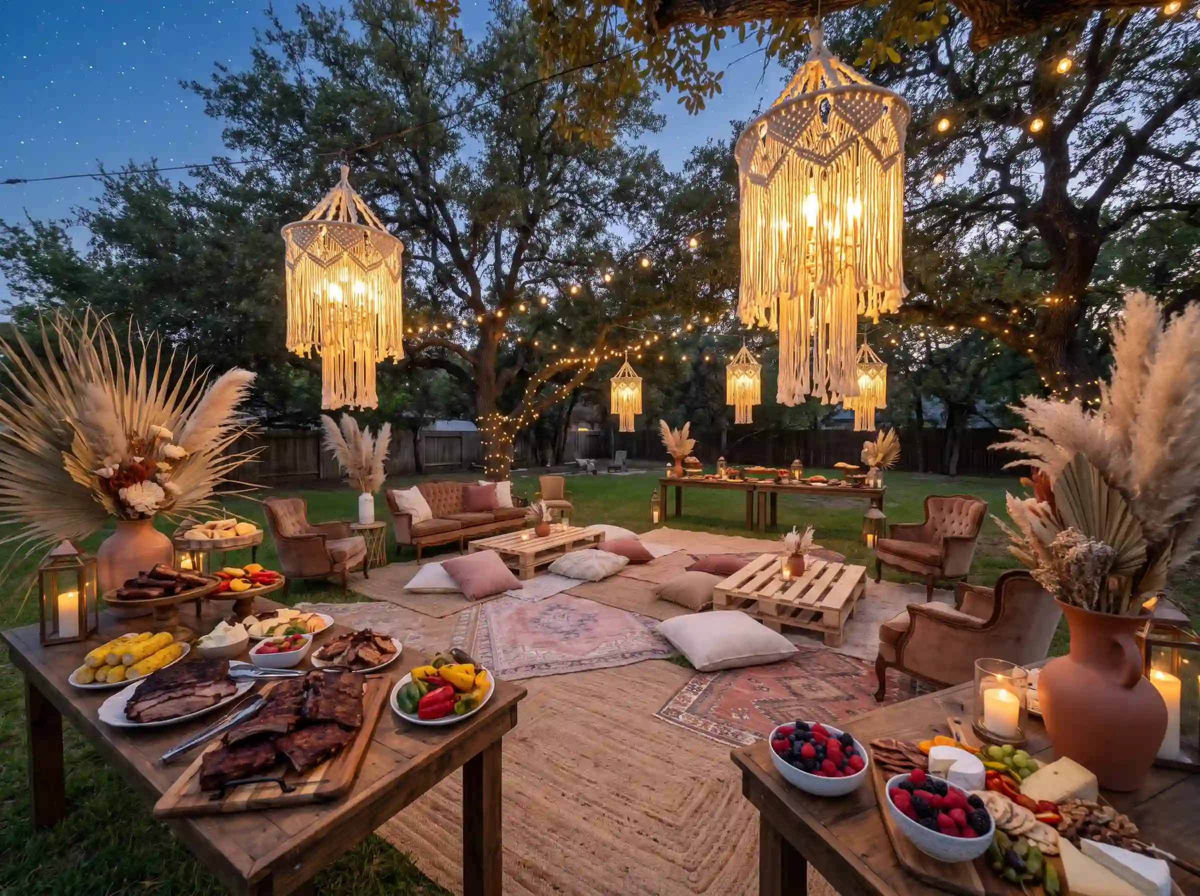 Bohemian BBQ wedding under the stars with macramé chandeliers and grazing tables on rugs