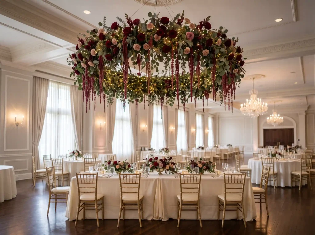Bordeaux Floral Chandelier Inspiration A suspen Floral chandelier above head table