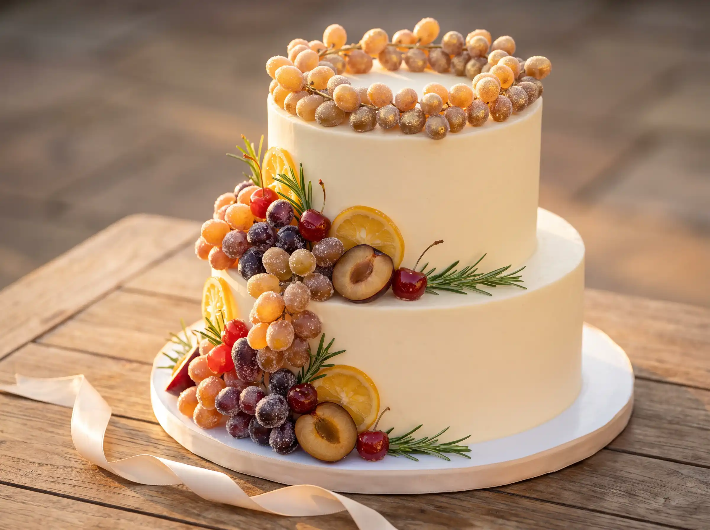 Two-tier cream cake with cascading sugared grapes, plums, cherries, citrus, and rosemary sprigs