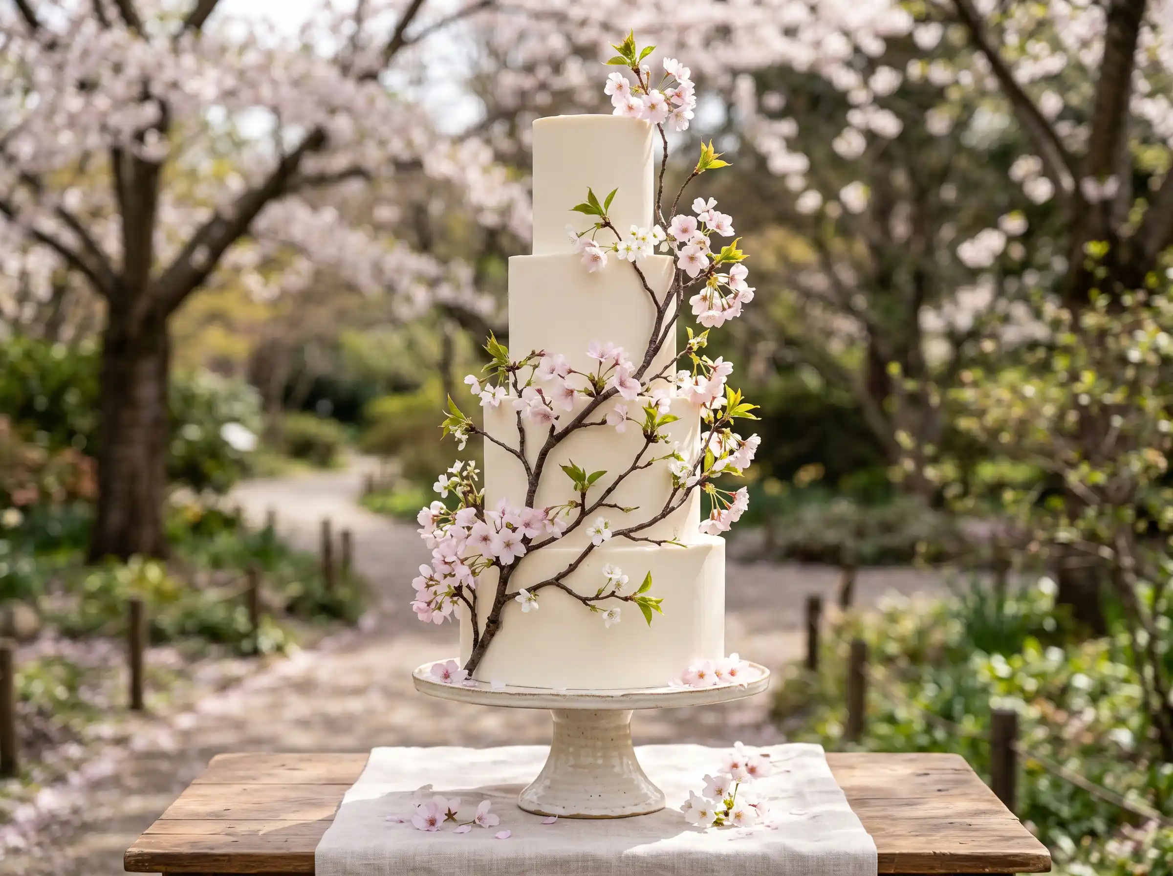 Delicate cherry blossom wedding cake inspired by Japanese sakura with soft pink petals on tiers
