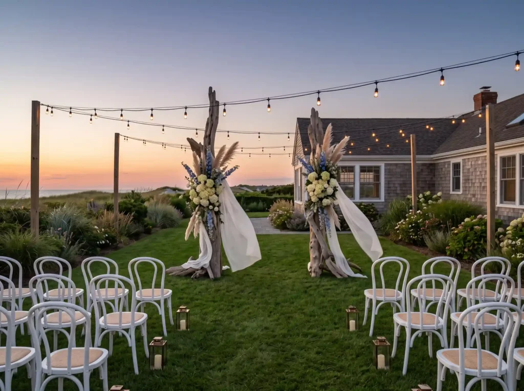 Coastal Backyard Breeze Inspiration Relaxed sea Backyard ceremony driftwood pillars K