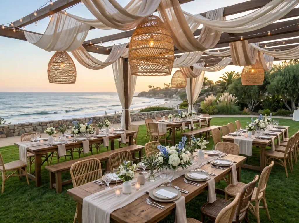 Coastal Boho Lawn Dinner Inspiration Breezy coa Coastal boho lawn dinner reception