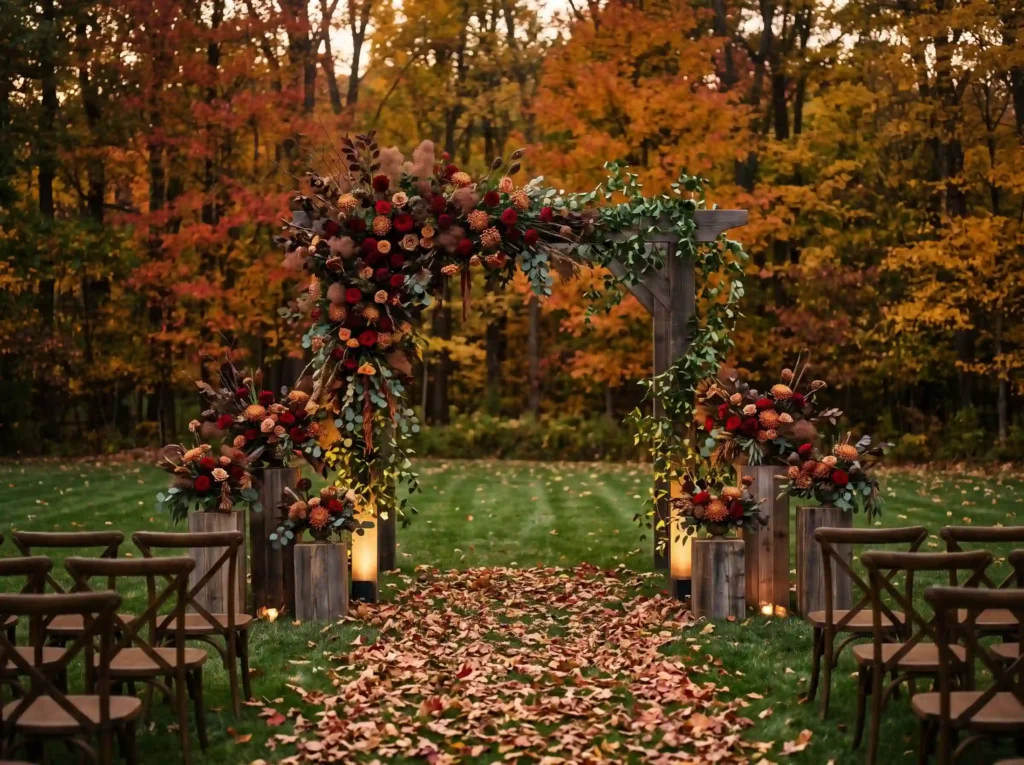 Crimson Woodland Arbor Inspiration Rich crimson Crimson floral arbor autumn woods