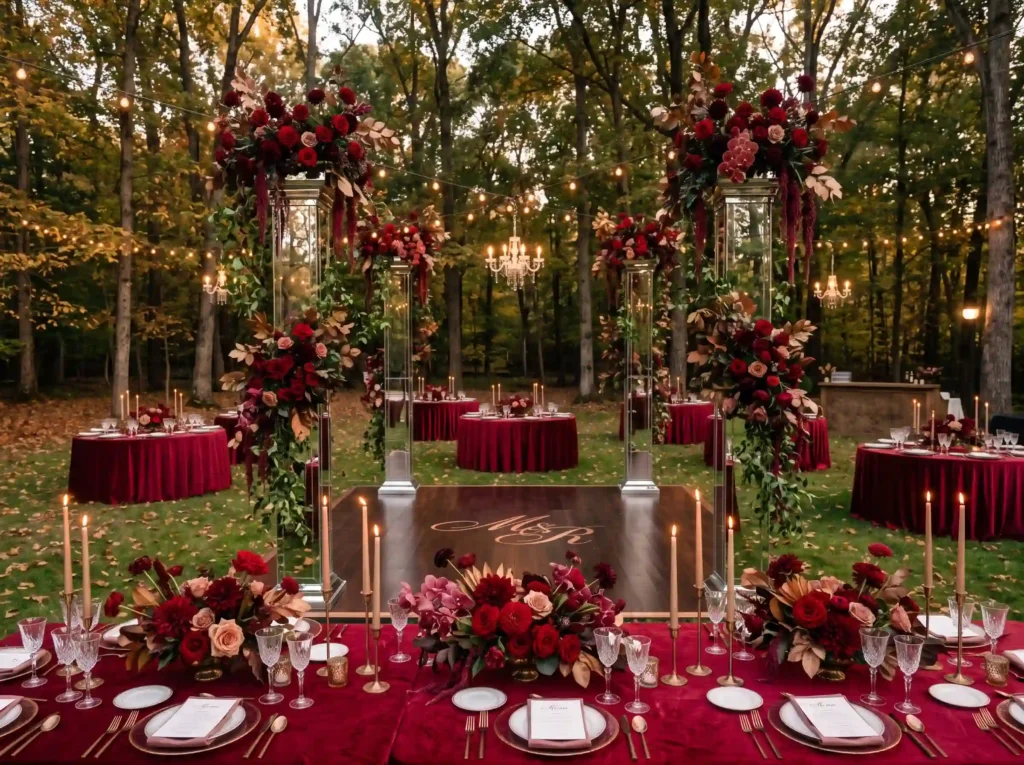 Crimson Woodland Luxe Inspiration A luxurious w Woodland dinner celebrating jewe… K