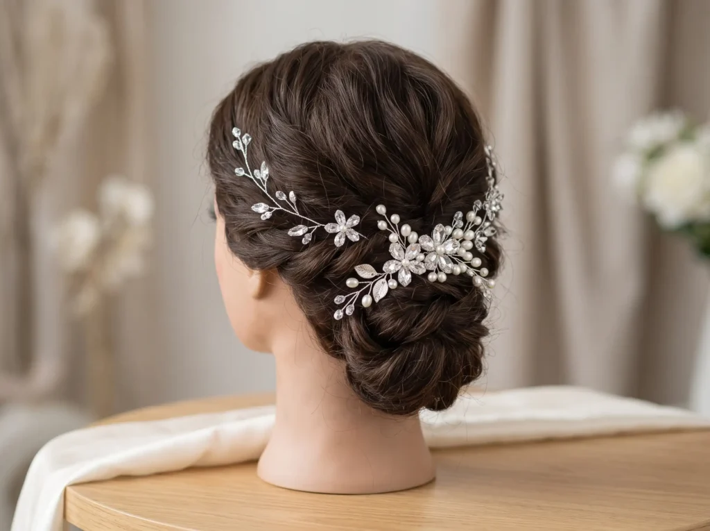 Crystal Blossom Twist Inspiration Sparkling bot Bridal hairstyle with crystal fl…