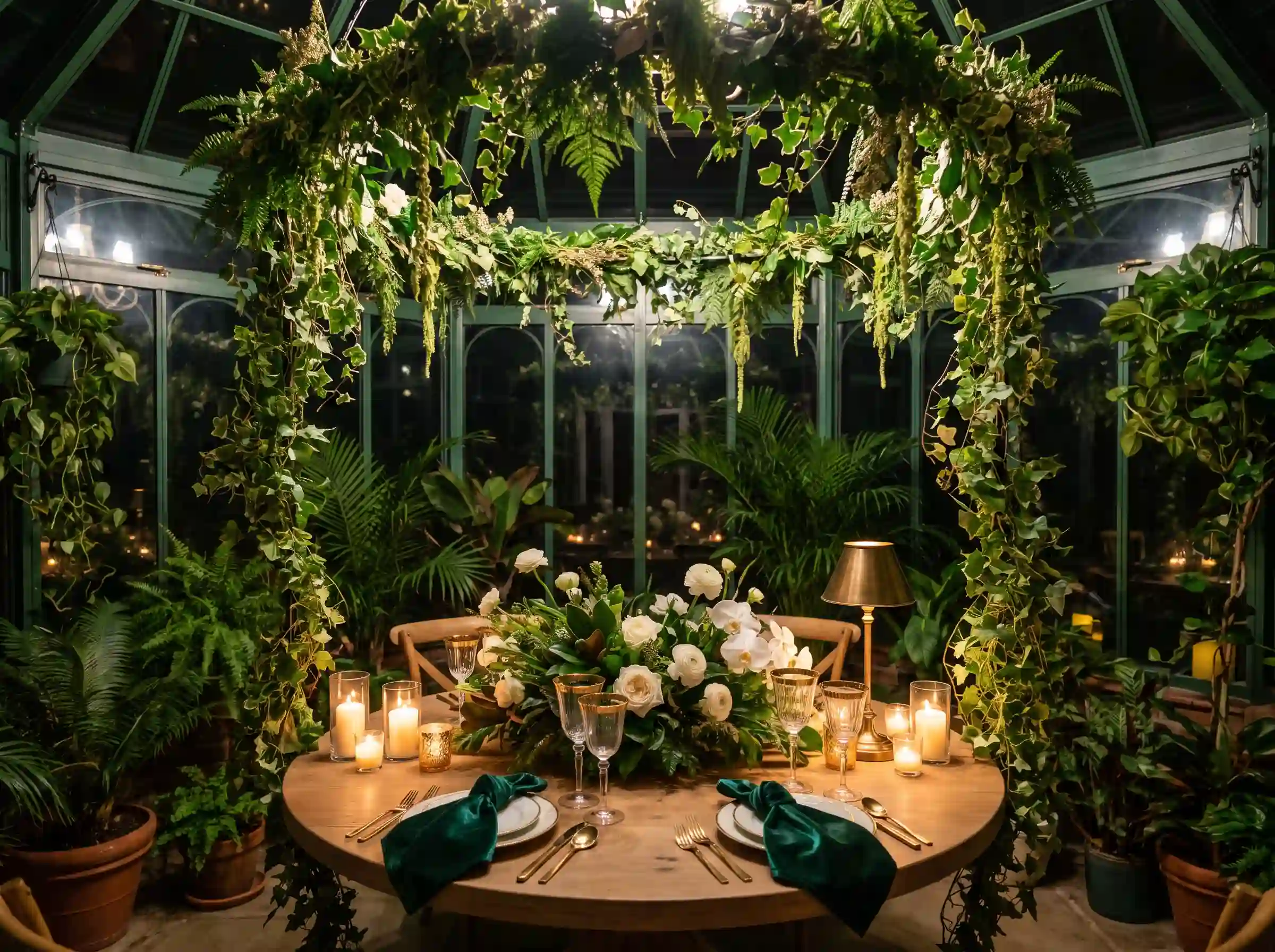 Lush glasshouse wedding dinner with emerald greenery cream flowers and botanical elegance