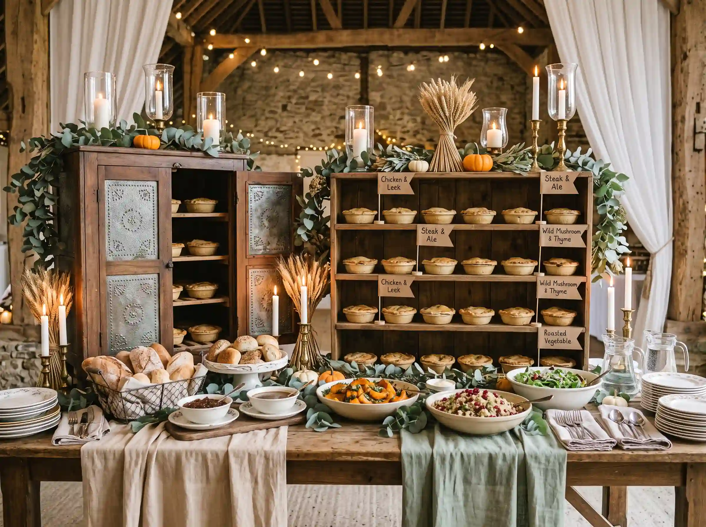 Farmhouse pot pie buffet with tiered wooden shelving and vintage pie cabinet at rustic barn wedding