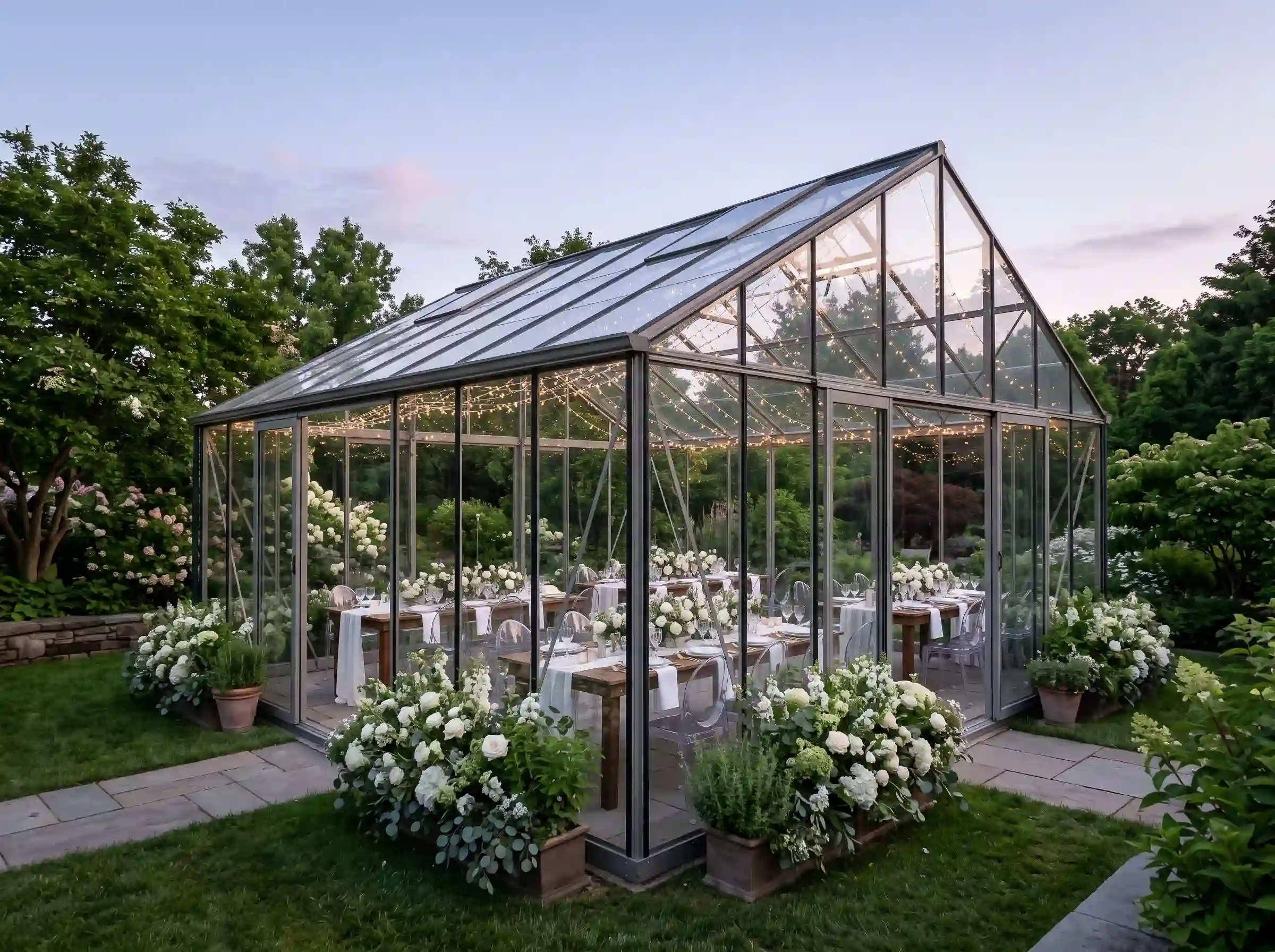 Transparent greenhouse pavilion with slim banquet tables, acrylic chairs, and overflowing white roses inside