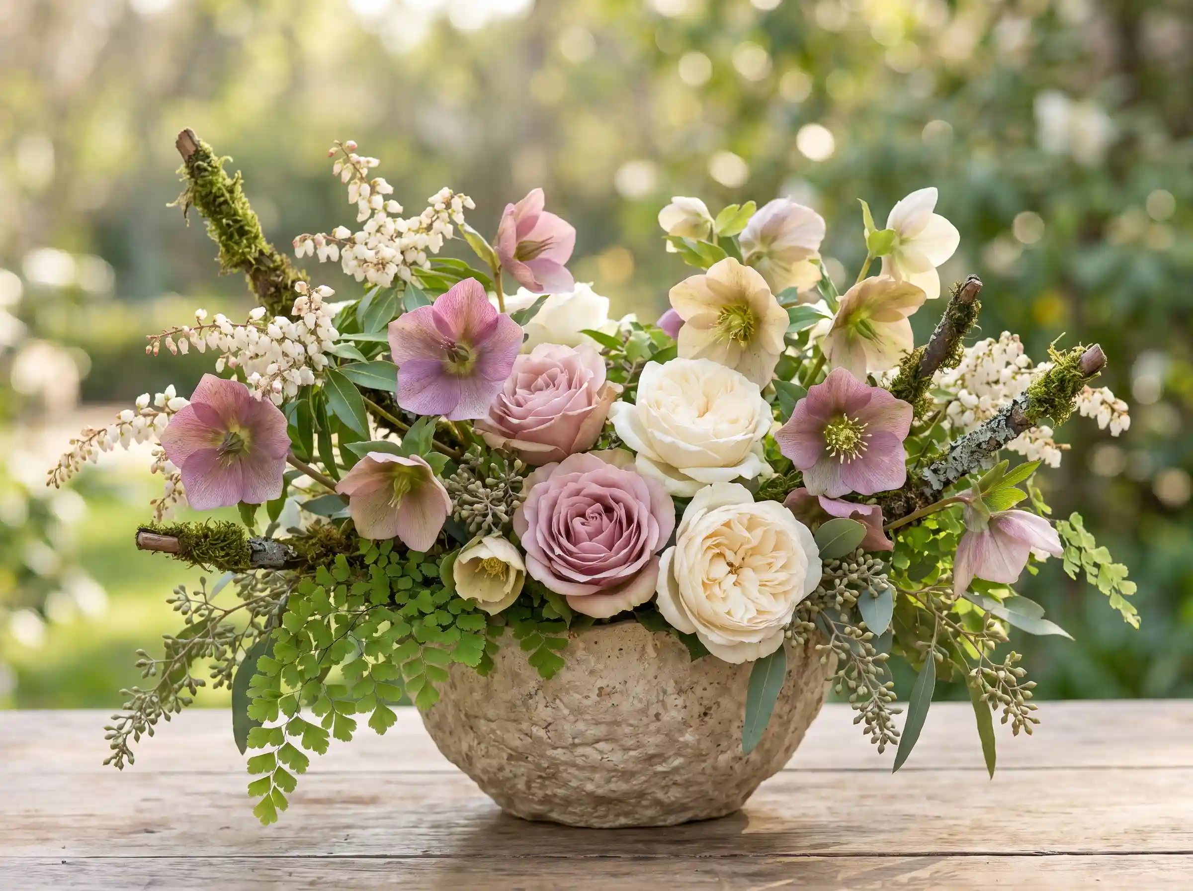 Hellebore woodland grace wedding arrangement with mauve hellebores cream roses ferns in stone vessel