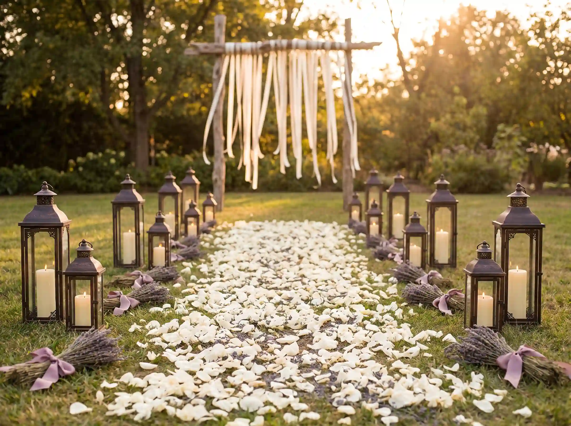 Garden ceremony aisle flanked by vintage iron lanterns with cream candles and scattered ivory rose petals