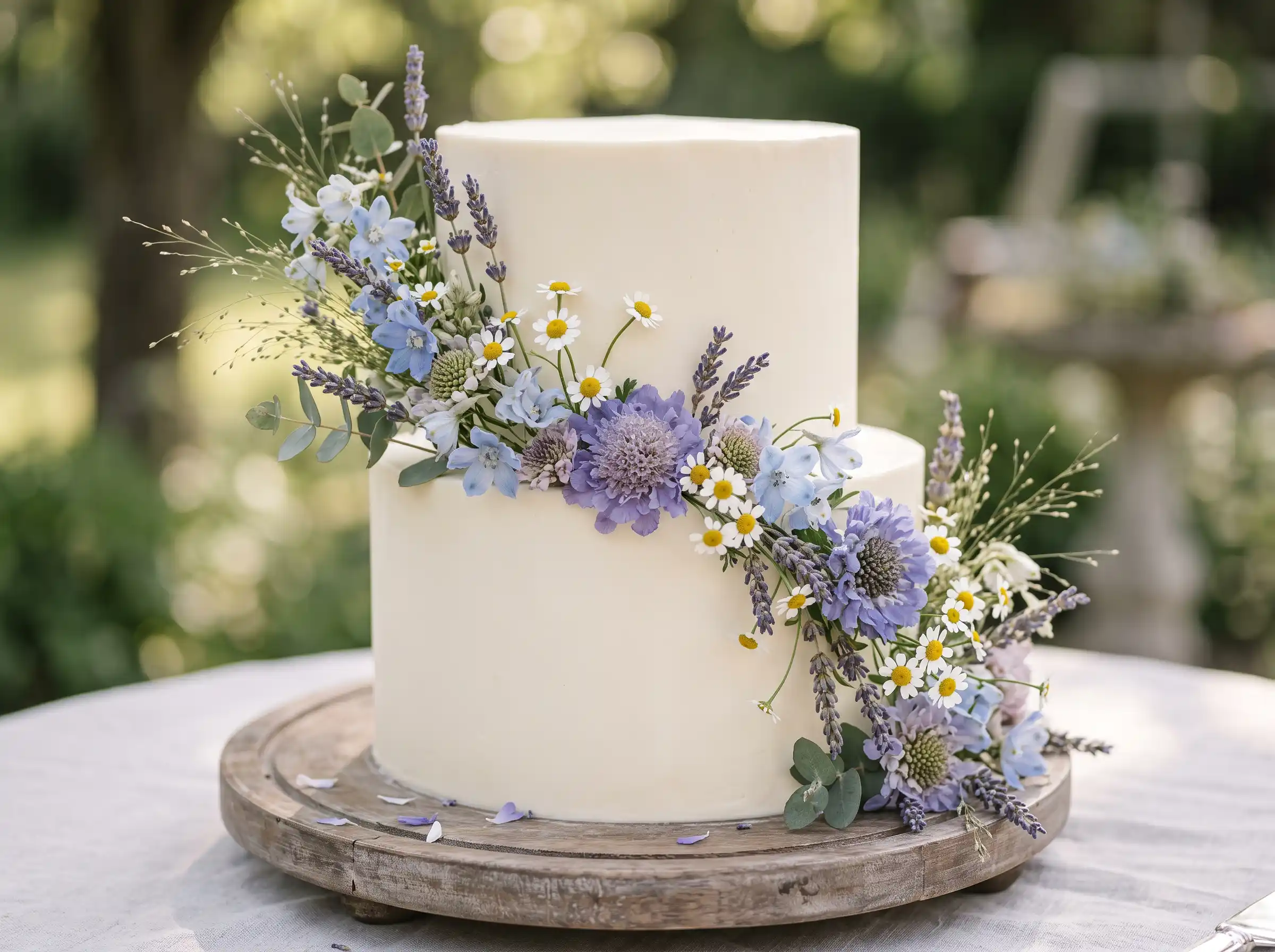 Peaceful lavender-themed wedding cake with meadow blooms and soft purple floral arrangement