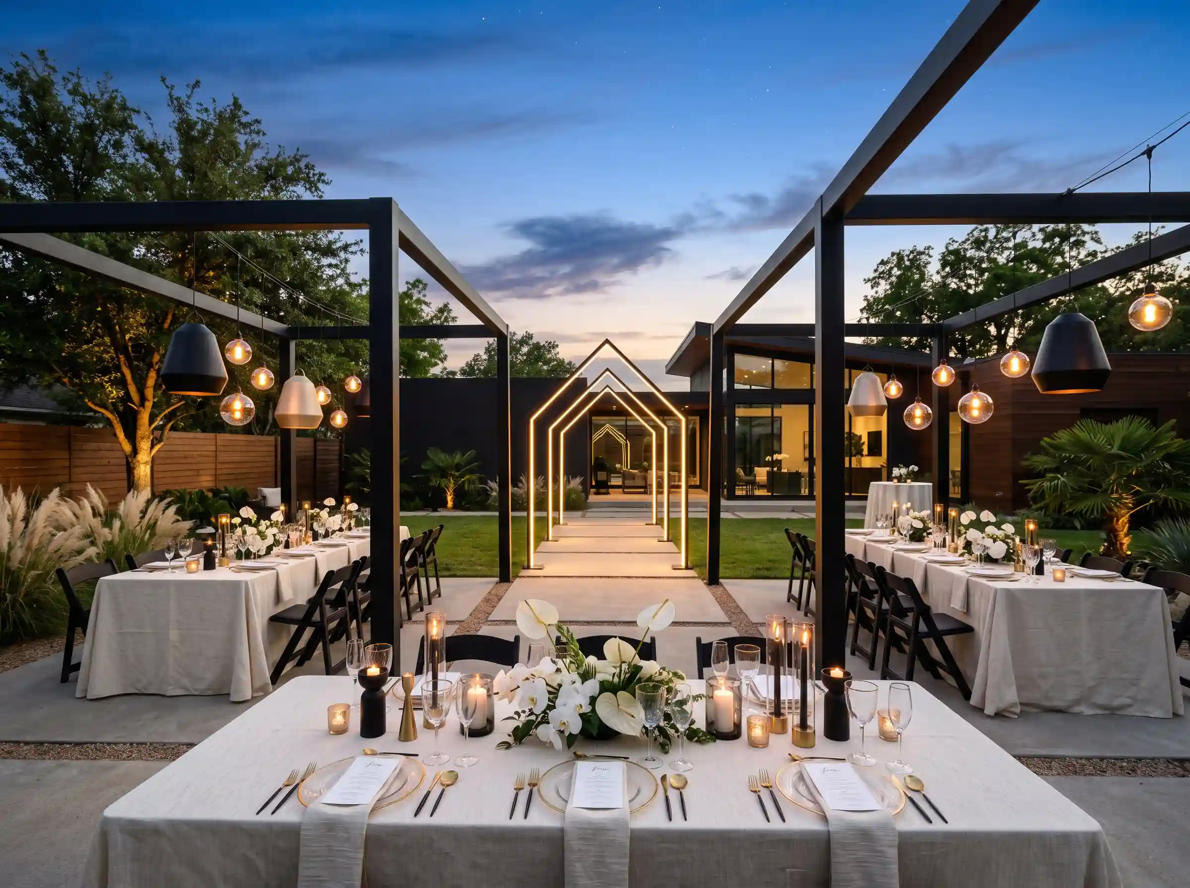 Modern black and champagne backyard reception with geometric arches and suspended globe lighting