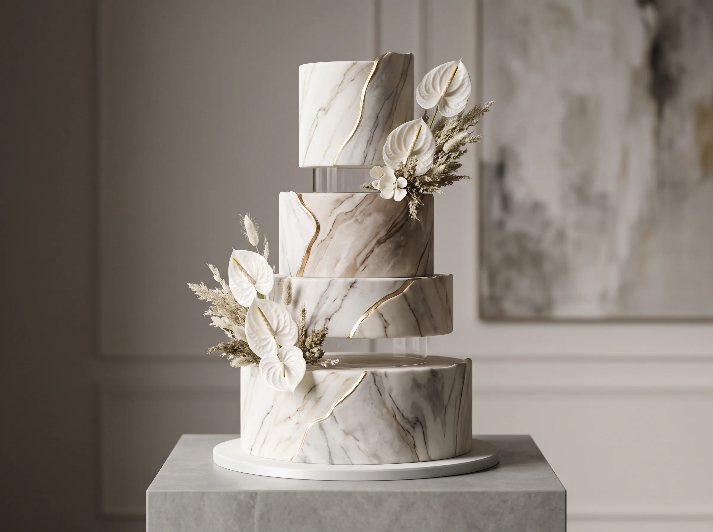 Contemporary marble-effect fondant wedding cake with clean sculptural lines and subtle grey veining
