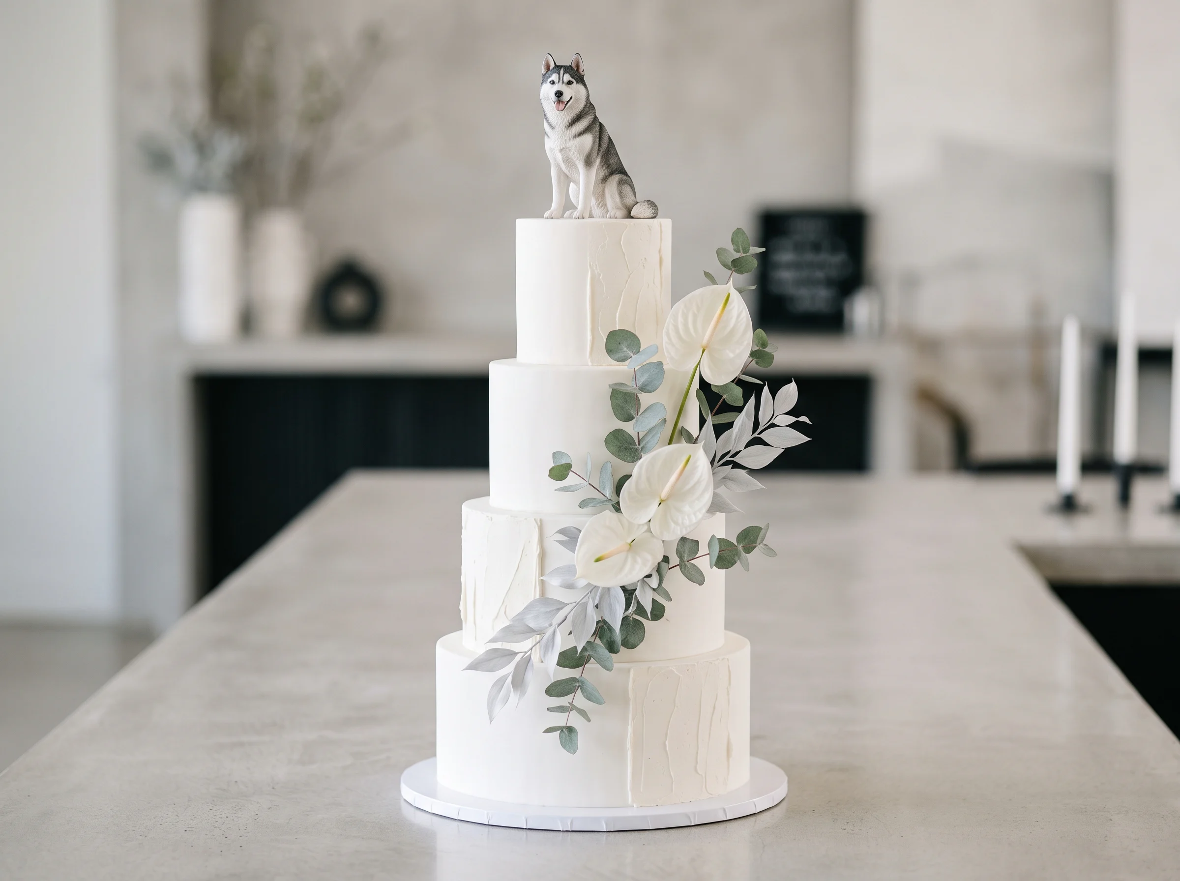 Modern minimalist wedding cake with husky figurine topper in clean Scandinavian design style