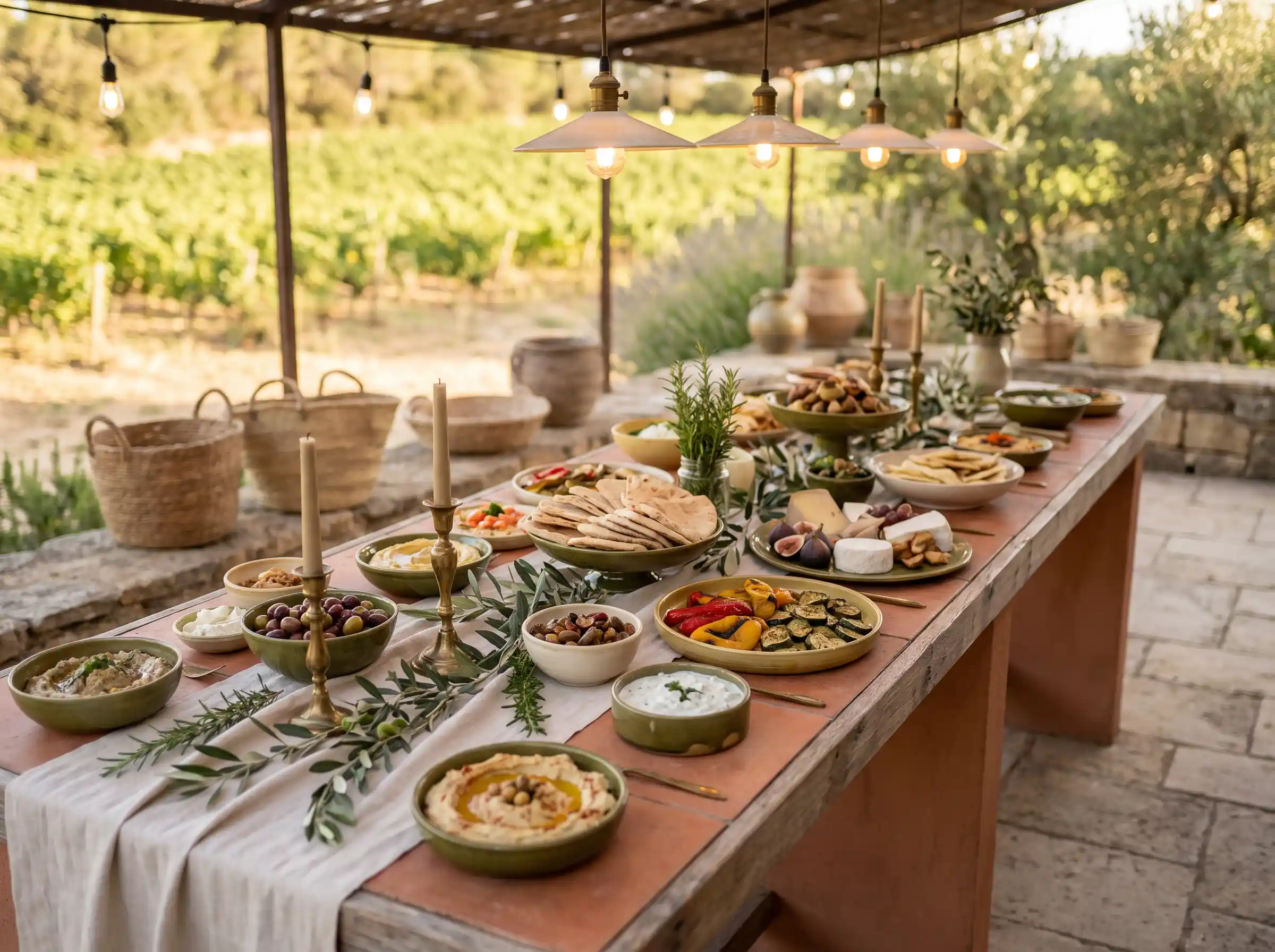 Mediterranean mezze wedding table with hummus olives pita and terracotta ceramic serving bowls