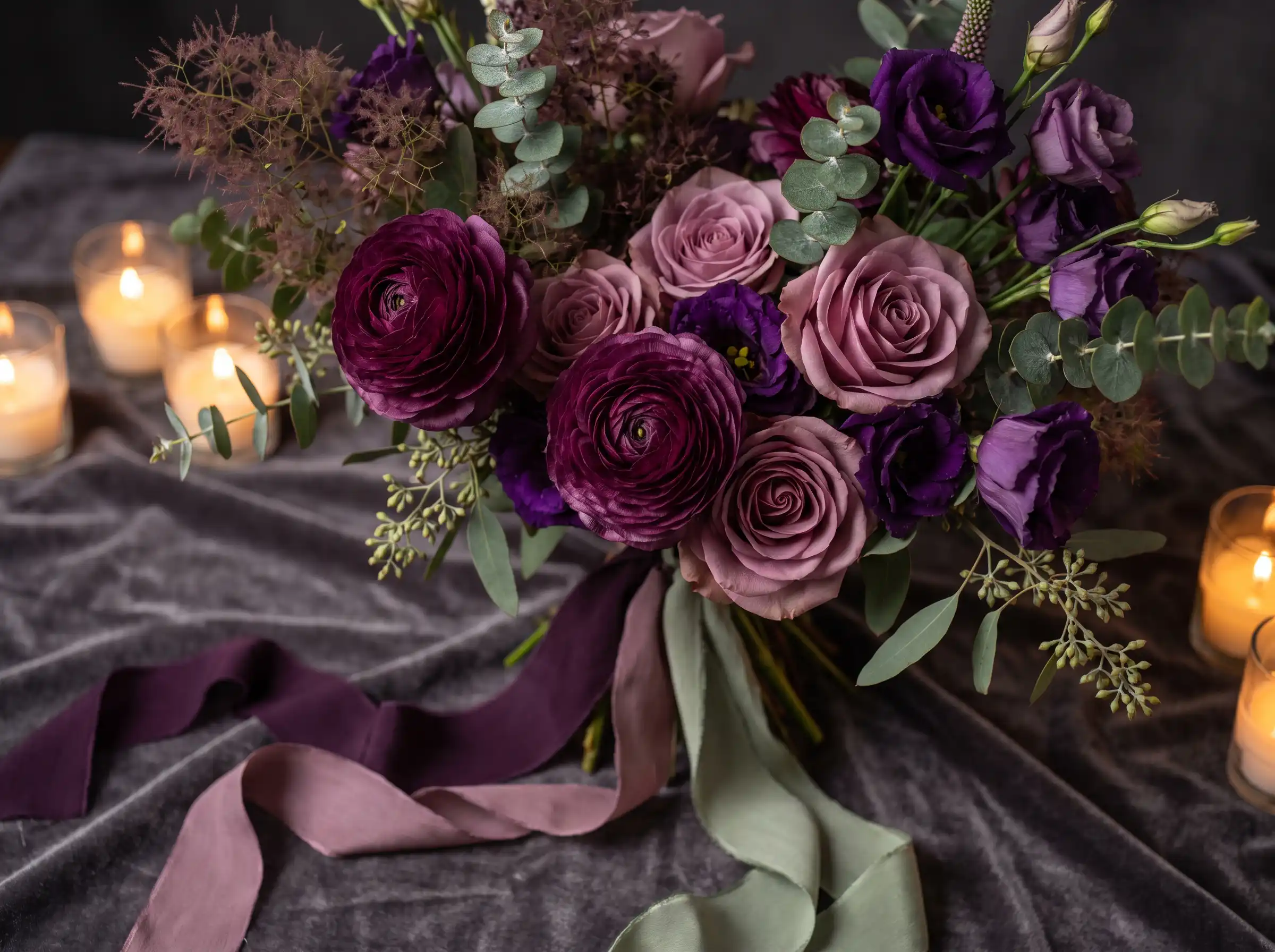 Fashion-forward plum ranunculus bouquet with mauve roses and smoke bush accents