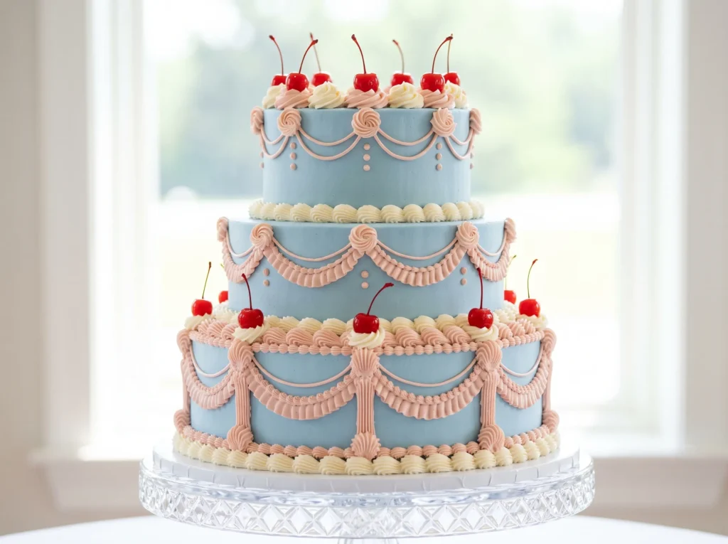 Romantic Cherry Jubilee Inspiration Vintage cel Three tier vintage wedding cake